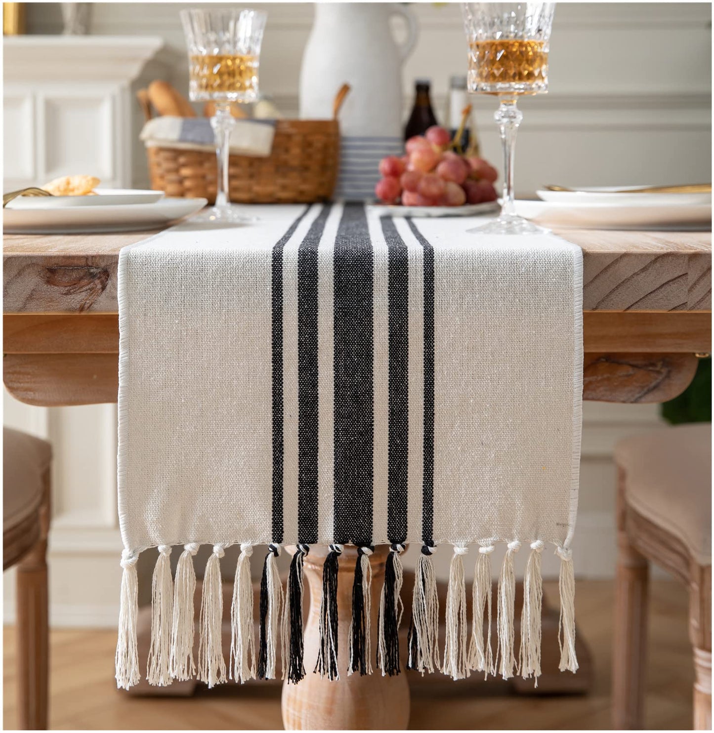 Caflife Boho Table Runner for Modern Farmhouse Decor, Dining Table décor 13 x 72 Inch Long, Coffee Table Runner with Handcrafted Tassels, Green and Beige Stripe Table Runner for Home Boho décor
