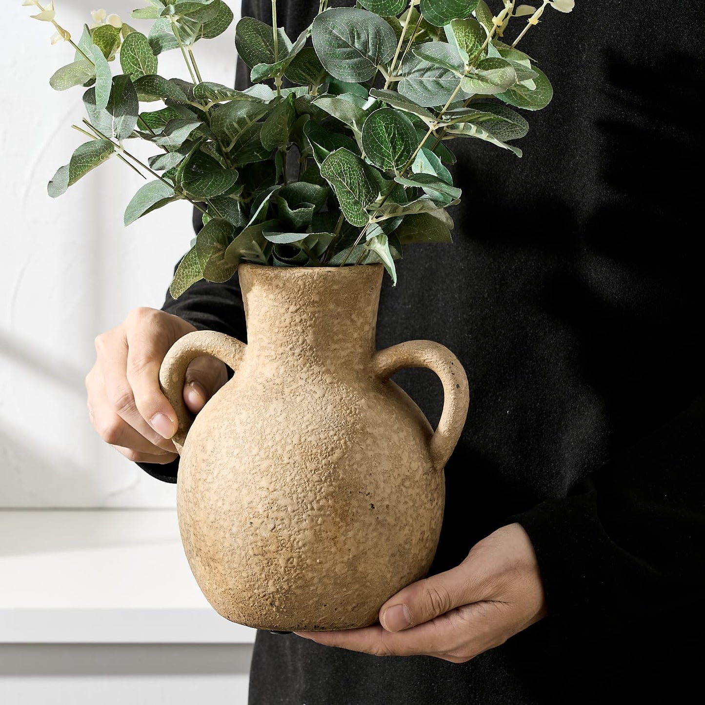 SIDUCAL Rustic Ceramic Farmhouse Flower Vase with 2 Handles, Whitewashed Terra Cotta Vase, Decorative Pottery Flower for Home Decor, Table, Living Room, Shelf Decor, 7.3 Inch, Terra