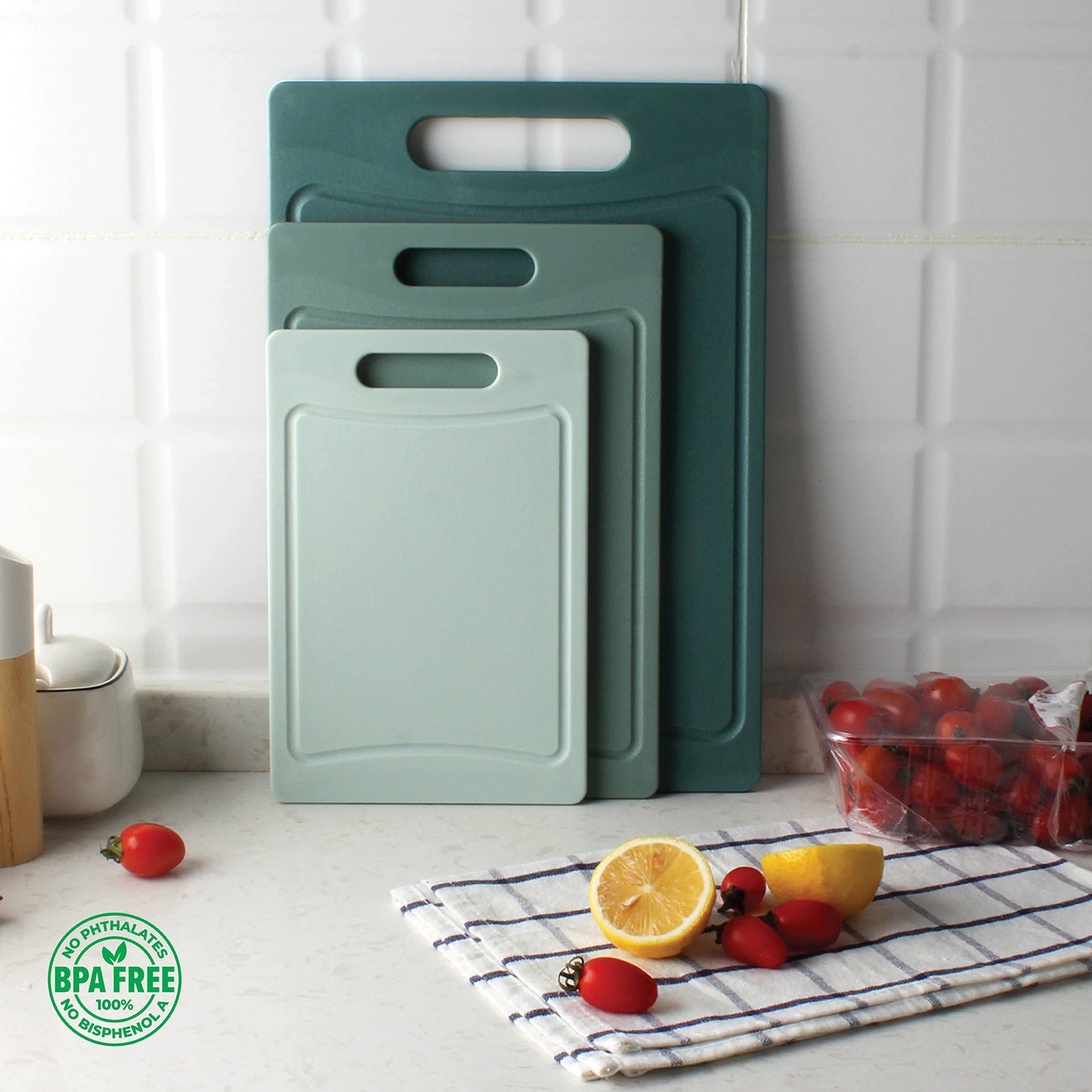 COOK WITH COLOR Non-Slip Cutting Board Set – Kitchen Essentials with Easy Grip Handle for Meat, Veggies, and Fruits, 3 Cutting Boards, Teal