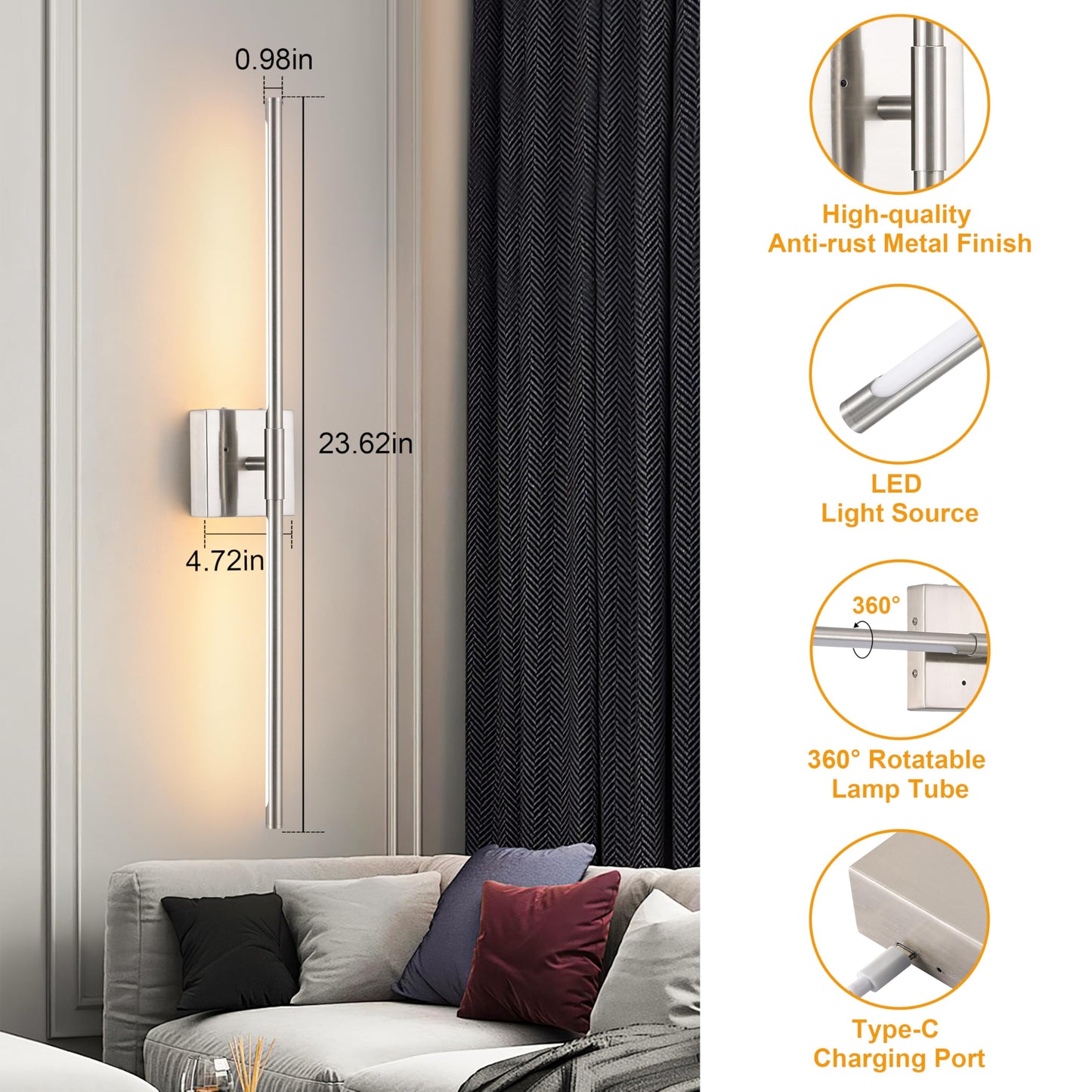 Battery Operated Wall Sconces Set of 2, Dimmable Battery Wall Sconce with Remote Control, Black Gold LED Rechargeable Sconces, 24 Inch Modern Wireless Wall Lights for Bedroom, Living Room