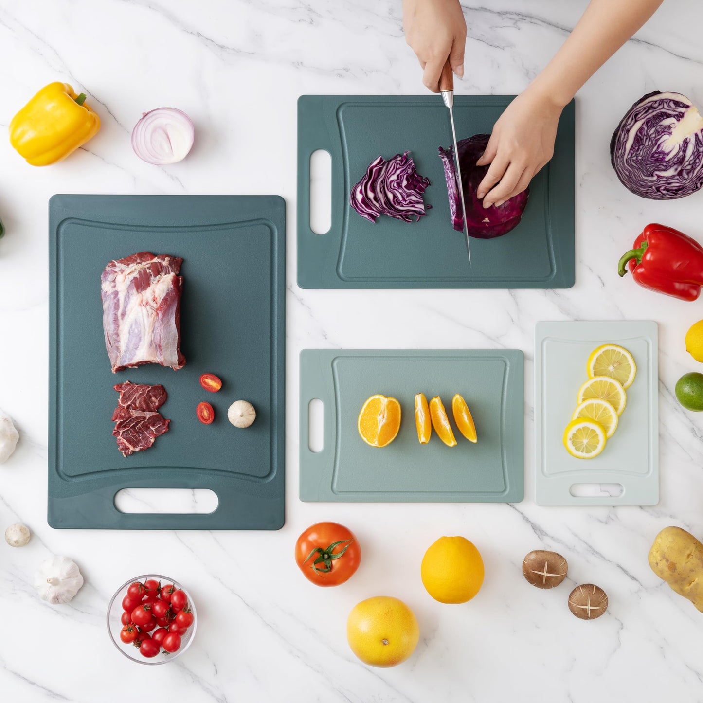 COOK WITH COLOR Non-Slip Cutting Board Set – Kitchen Essentials with Easy Grip Handle for Meat, Veggies, and Fruits, 3 Cutting Boards, Teal