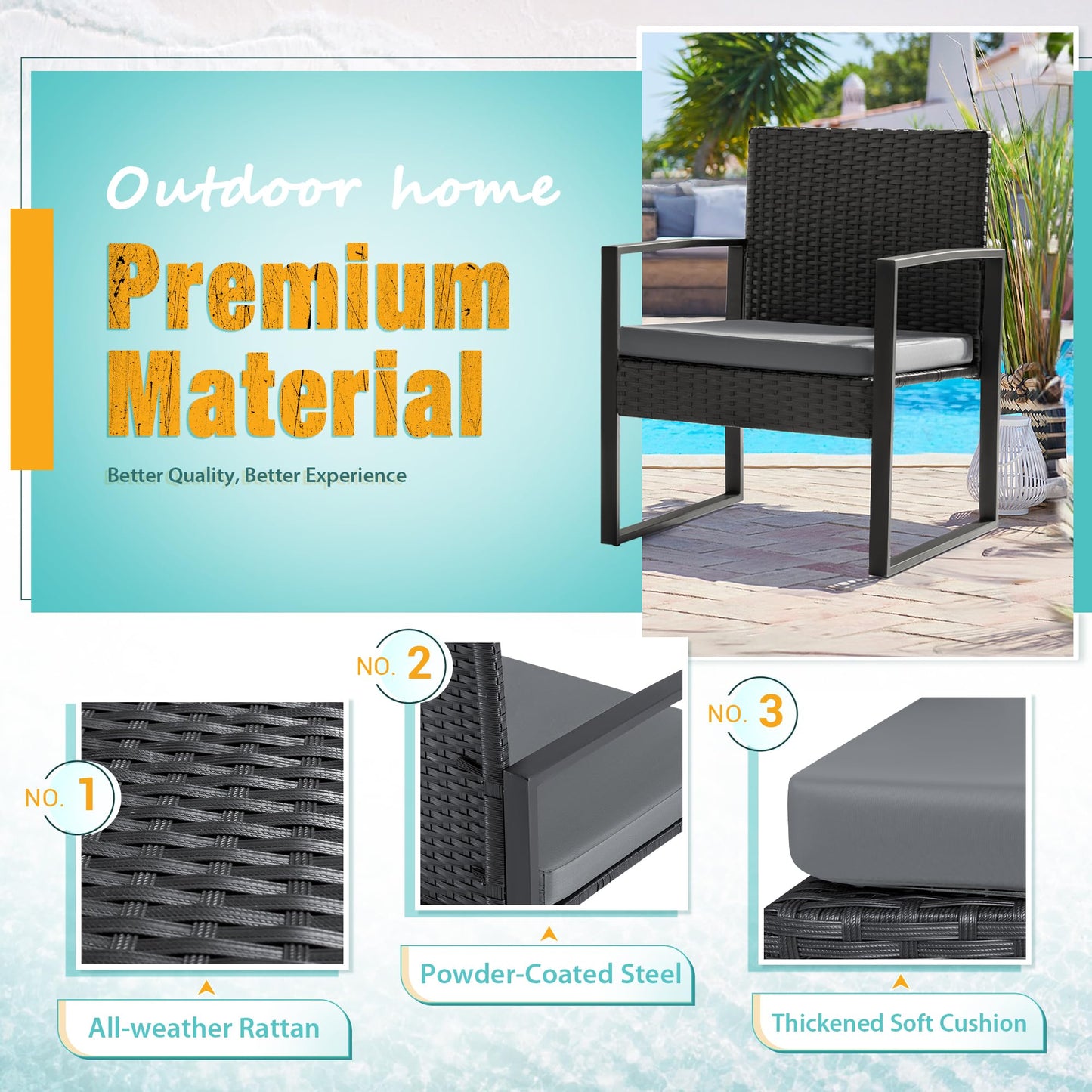 Flamaker 3 Pieces Patio Set Outdoor Wicker Furniture Sets Modern Rattan Chair Conversation Sets with Coffee Table for Yard and Bistro (Black)