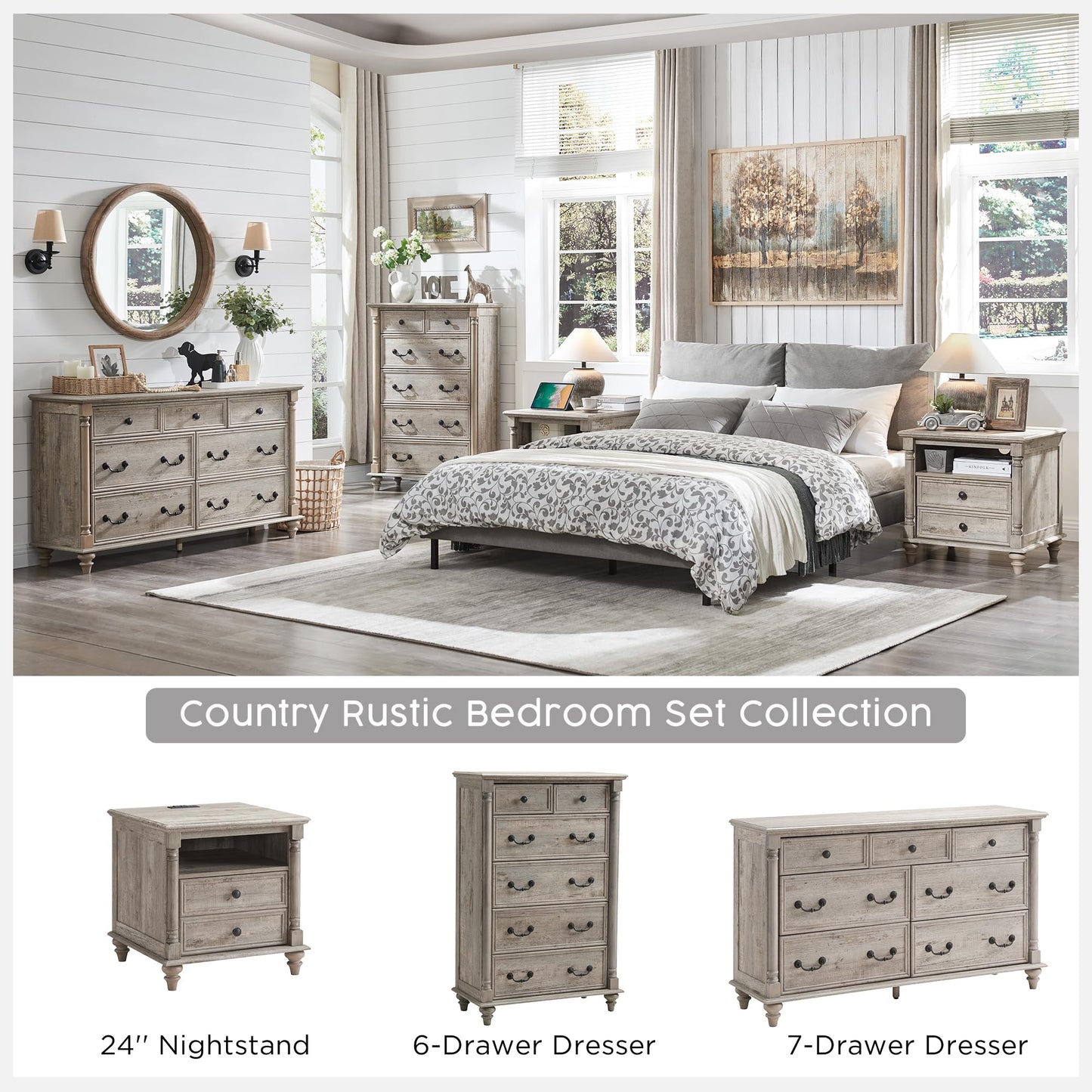 T4TREAM 24'' Farmhouse End Table w/4 Solid Wood Feet, Large 2 Drawers Wide Sofa Side Table with Charging Station, Tall Rustic Wood Square Nightstand for Living Room, Bedroom, Office, Antique White