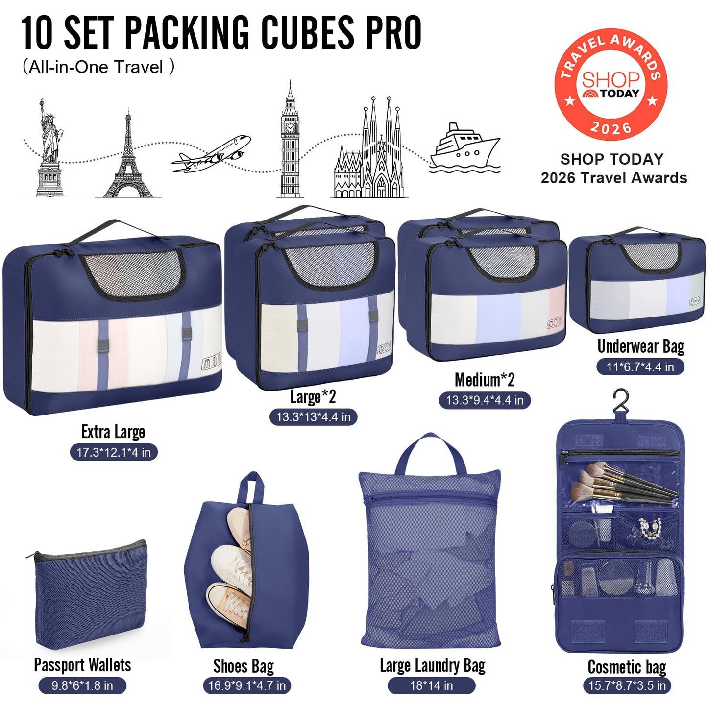Veken 10 Set/8 Set Packing Cubes for Travel Essentials,Anti-Wrinkle Buckled Suitcase Organizer for Shoe & Toiletry Bag,Carry On Luggage Bag for Airplane & College Dorm Room Accessories,Women Men Gifts