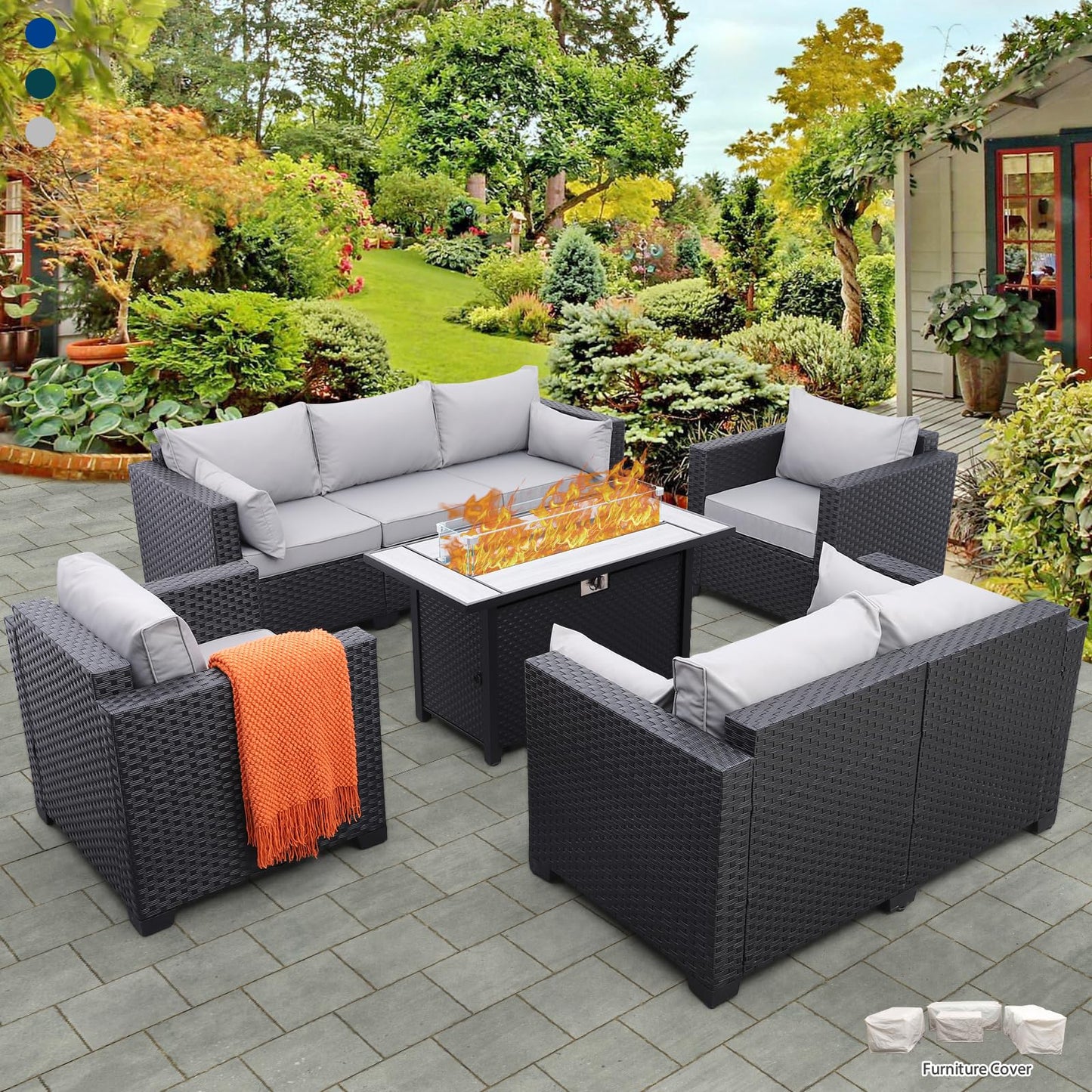 Rattaner 5 Pcs Outdoor Furniture Sets Patio Furniture Set with 45" Fire Pit Patio Couch Outdoor Chairs 60000 BTU Steel Propane Fire Pit Table No-Slip Cushions and Waterproof Covers, Light Grey