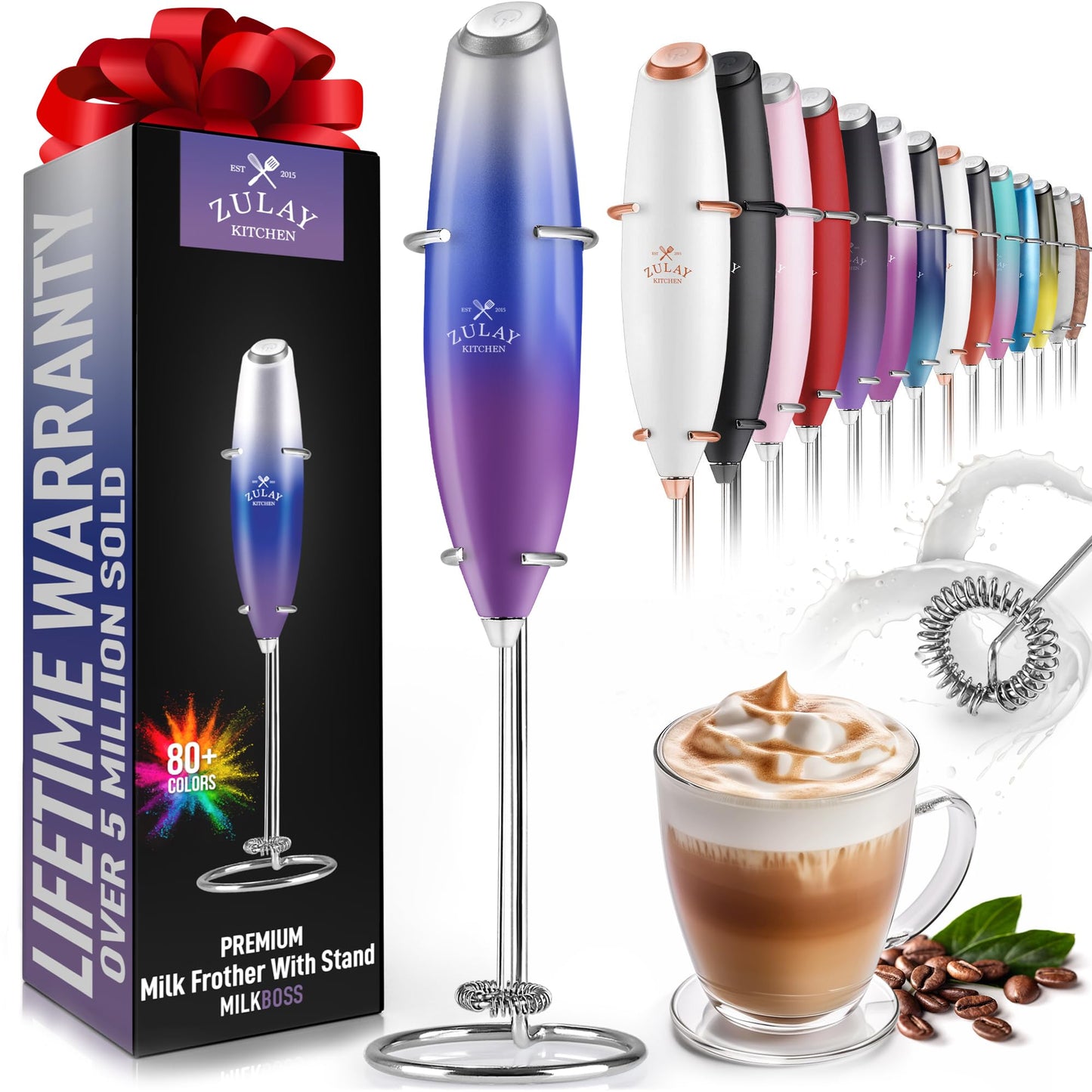 Zulay Double Whisk Milk Frother Handheld Mixer - High Powered Frother For Coffee With Improved Motor - Milk Frother Electric Whisk Drink Mixer For Cappuccino, Frappe, Matcha, Twin Whisk - Black/Copper