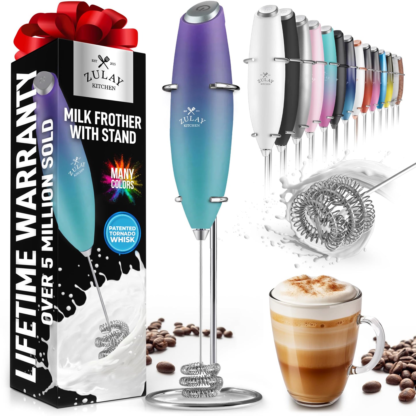 Zulay Double Whisk Milk Frother Handheld Mixer - High Powered Frother For Coffee With Improved Motor - Milk Frother Electric Whisk Drink Mixer For Cappuccino, Frappe, Matcha, Twin Whisk - Black/Copper