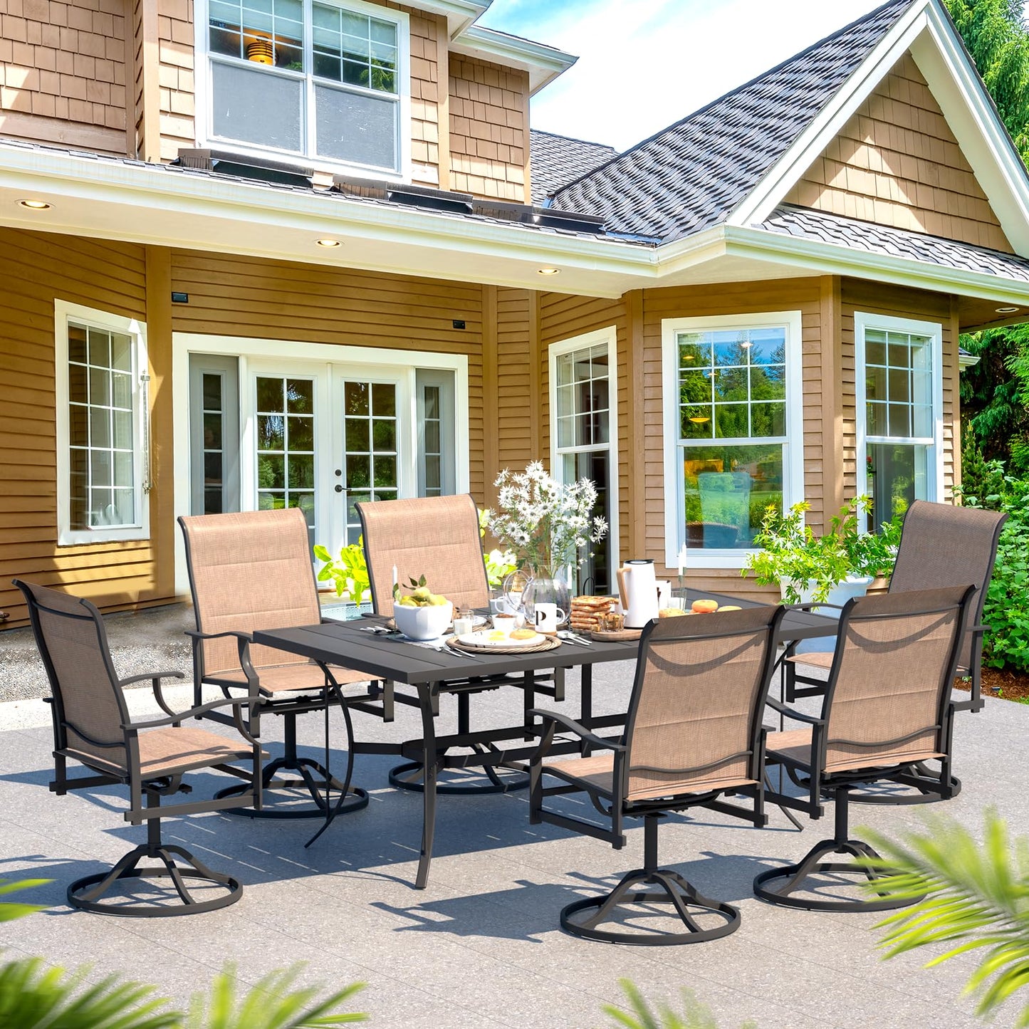 9-Piece Outdoor Patio Dining Set with 8 Swivel Rocker Chairs, Rectangular Metal Table with Umbrella Hole, 8-Person Patio Table and Chairs for Backyard, Poolside, Balcony and Garden Grey
