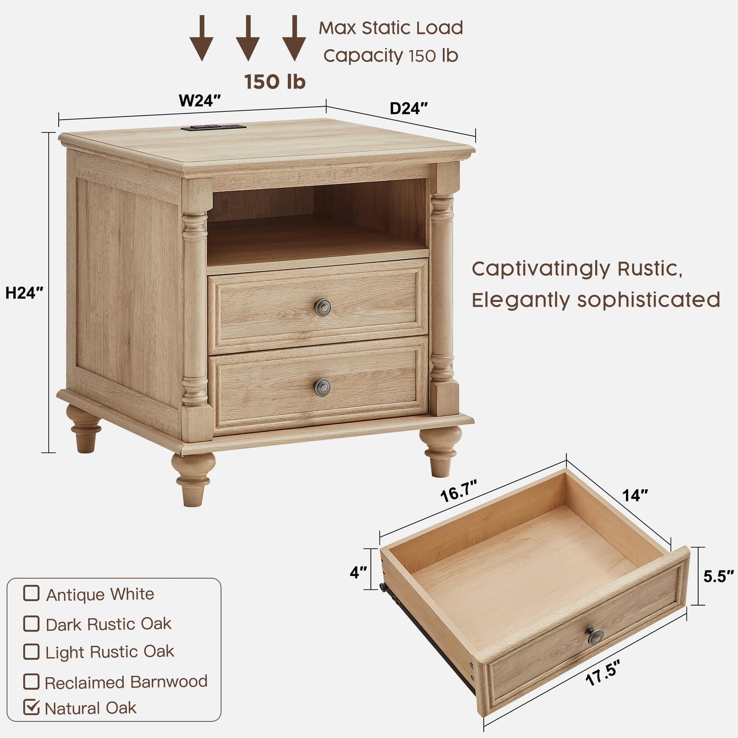 T4TREAM 24'' Farmhouse End Table w/4 Solid Wood Feet, Large 2 Drawers Wide Sofa Side Table with Charging Station, Tall Rustic Wood Square Nightstand for Living Room, Bedroom, Office, Antique White