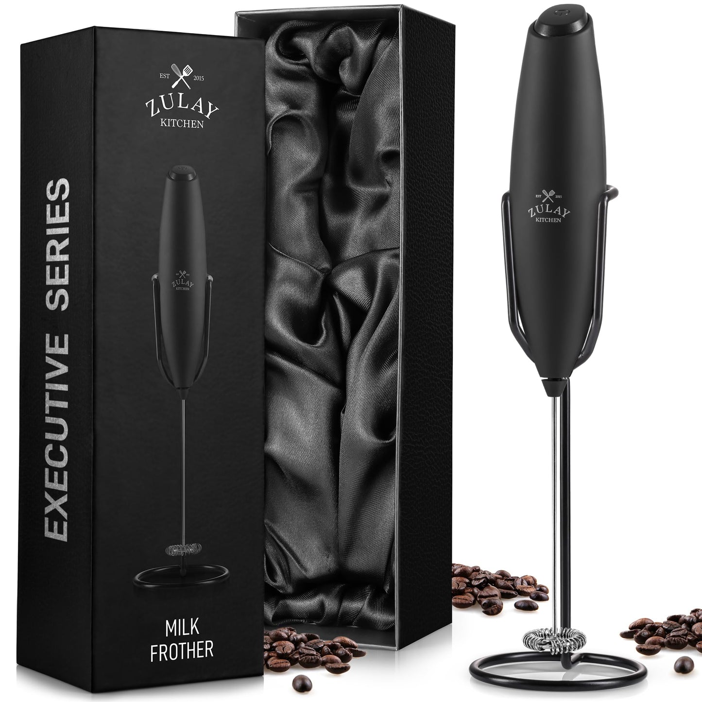 Zulay Double Whisk Milk Frother Handheld Mixer - High Powered Frother For Coffee With Improved Motor - Milk Frother Electric Whisk Drink Mixer For Cappuccino, Frappe, Matcha, Twin Whisk - Black/Copper