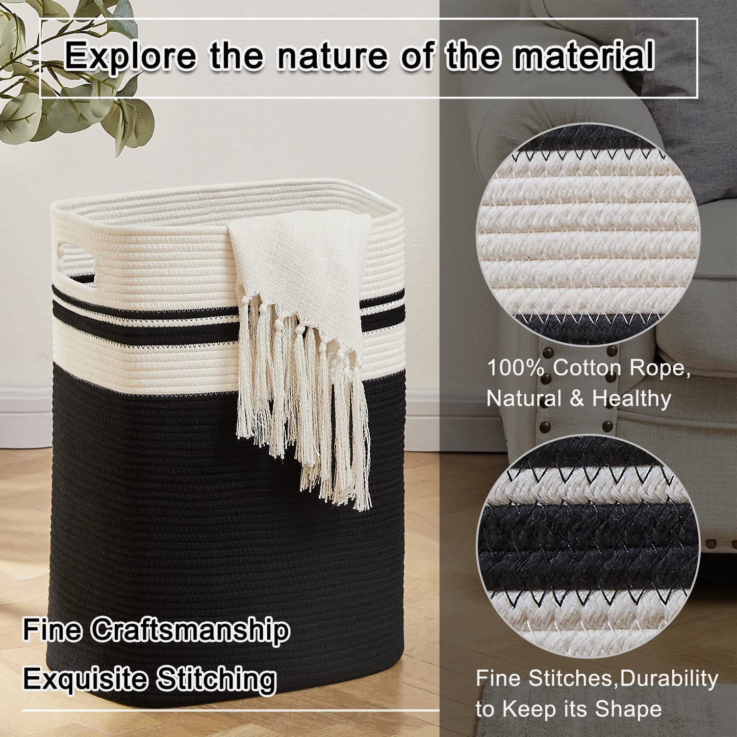 OIAHOMY Laundry Hamper-Laundry Basket,Tall Cotton Storage Basket with Handles,Decorative Blanket Basket for Living room,Collapsible Large Basket for Toys,Pillows,Clothes-16x13x22in-Yellow variegated