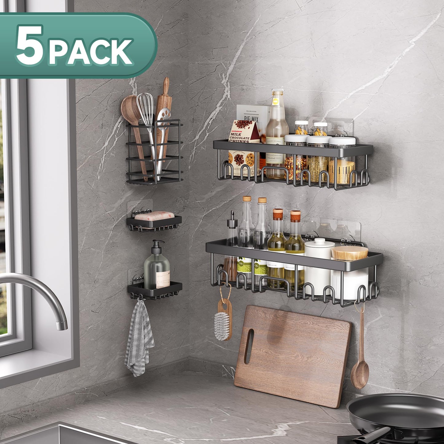 Veken Stainless Steel Shower Caddy 6-Pack, No Drilling & Rustproof, Waterproof Adhesive Shelves Rack with Soap Holder, Large Capacity Bathroom Organizers and Storage, Wall-Mounted Kitchen & Home Decor