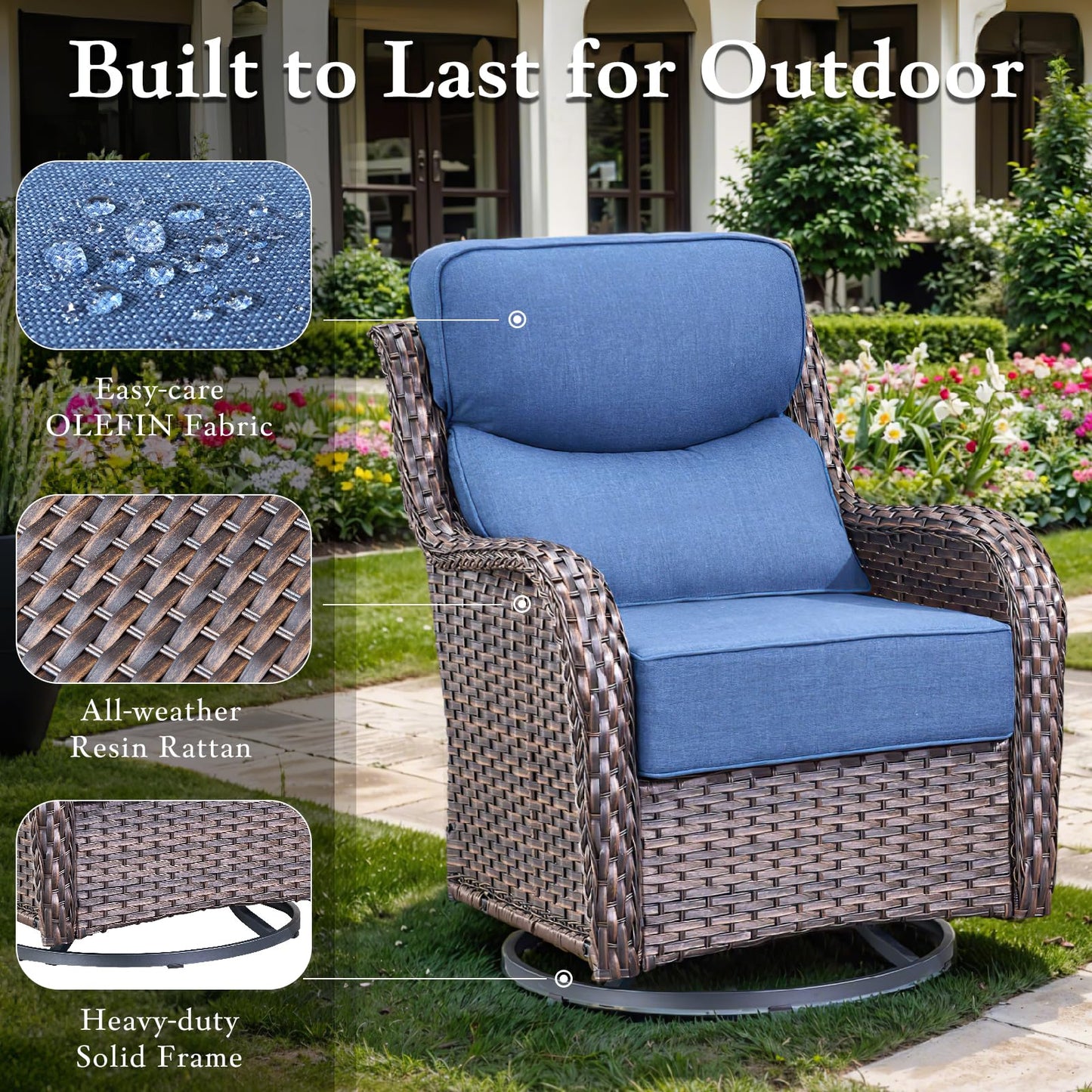 Luxury Outdoor Swivel Rocker Patio Chairs, High Back Swivel Patio Chairs with Side Table & 6-Inch Thick Cushions, Wicker Outdoor Bistro Set for Porch, Yard, Deck, Poolside, Brown/Beige