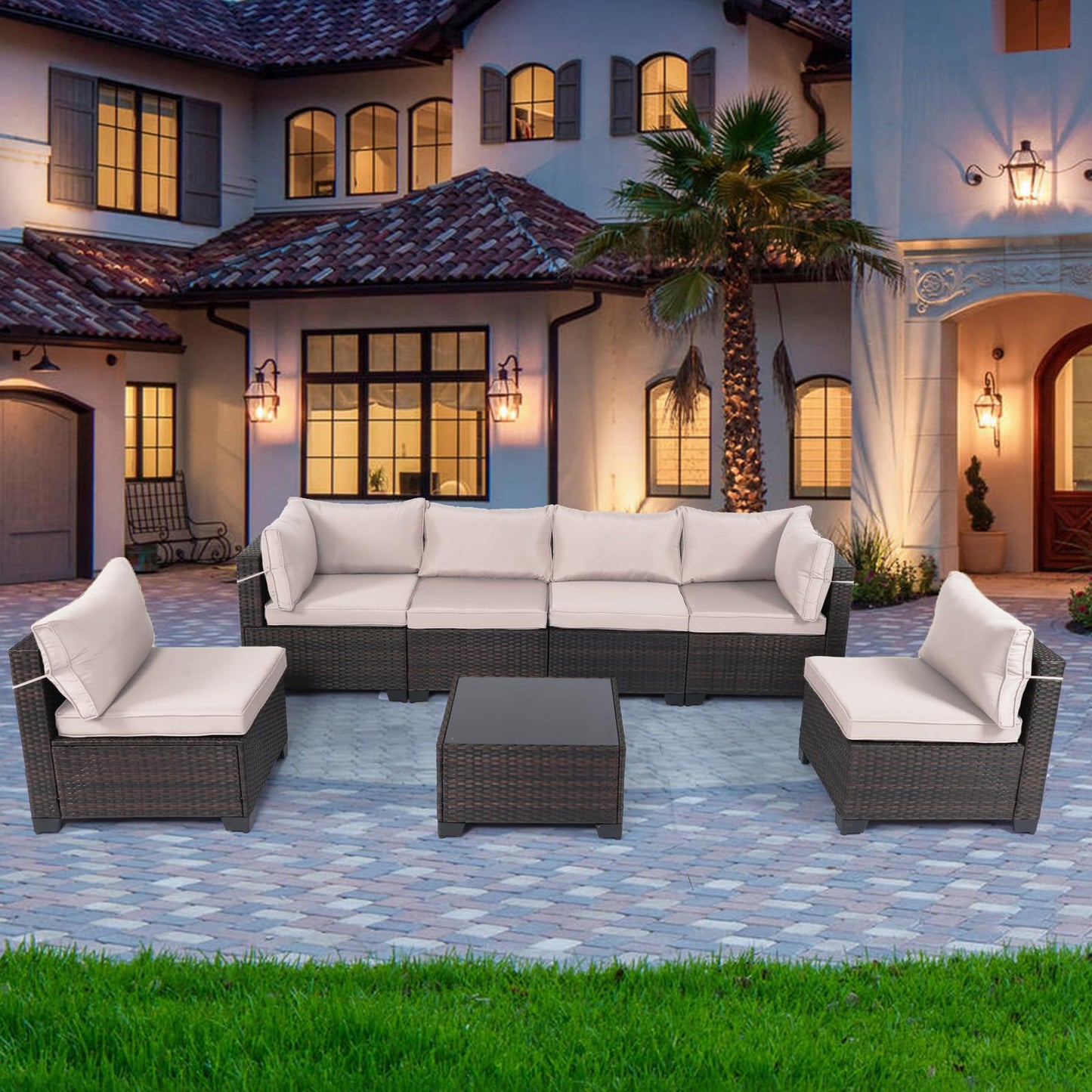 LEVELEVE 7 Pieces Outdoor Patio Furniture Sets,Rattan Conversation Sectional Set,Manual Weaving Wicker Patio Sofa with Tea Table