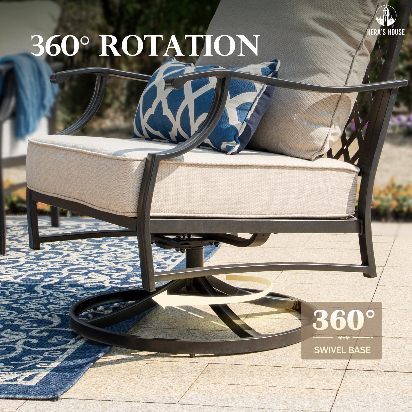 HERA'S HOUSE 7 Piece Patio Furniture Set, 2 x Rocking Chair, 2 x Fixed Chair, 2 x Ottoman, 1 x 3-Seat Sofa, All Cushioned 9 Seats Outdoor Conversation Set for Lawn Garden Backyard