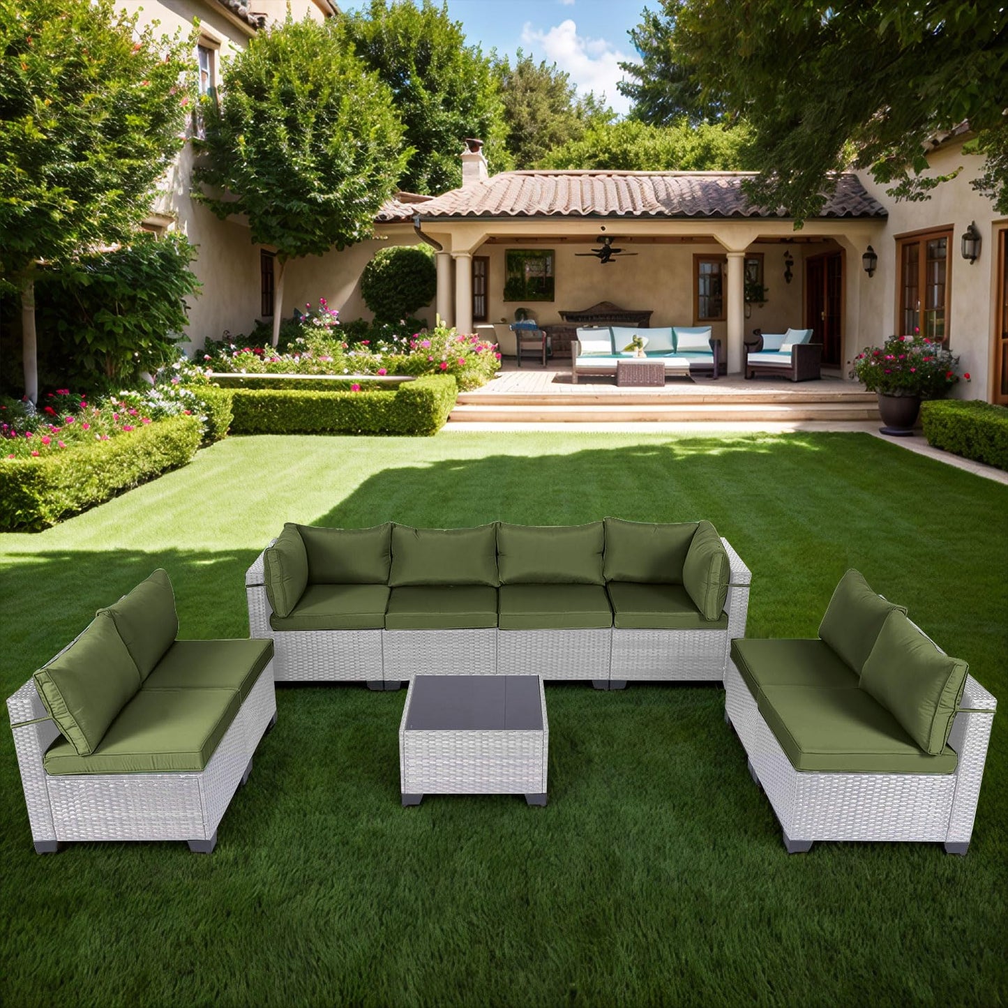 LEVELEVE 7 Pieces Outdoor Patio Furniture Sets,Rattan Conversation Sectional Set,Manual Weaving Wicker Patio Sofa with Tea Table