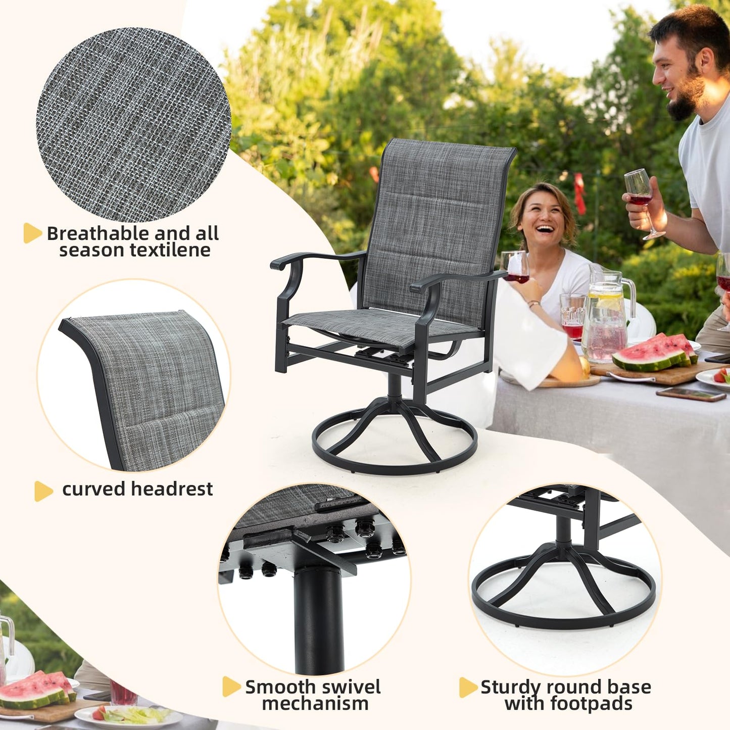 9-Piece Outdoor Patio Dining Set with 8 Swivel Rocker Chairs, Rectangular Metal Table with Umbrella Hole, 8-Person Patio Table and Chairs for Backyard, Poolside, Balcony and Garden Grey