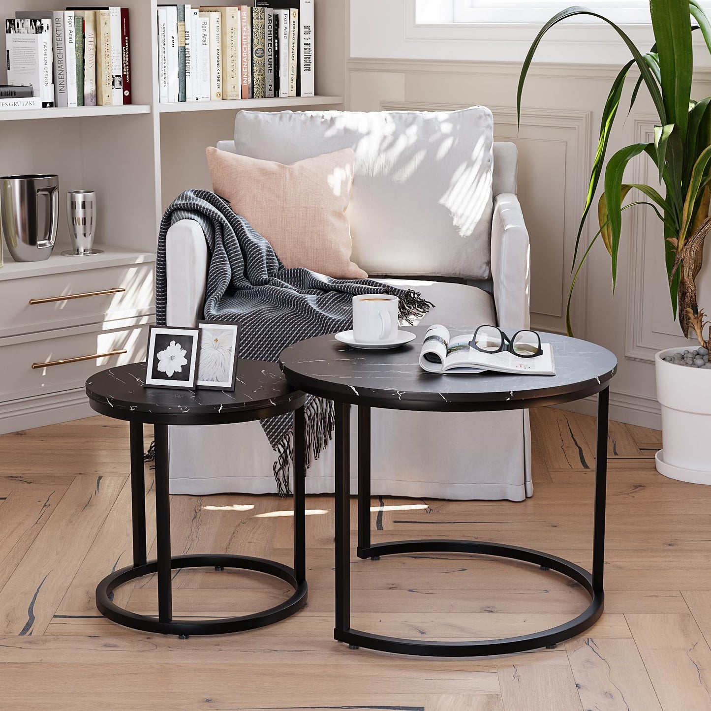 Smuxee Nesting Coffee Table Set of 2, 23.6" Round Coffee Table Wood Grain Top with Adjustable Non-Slip Feet, Industrial End Table Side Tables for Living Room Bedroom Balcony Yard