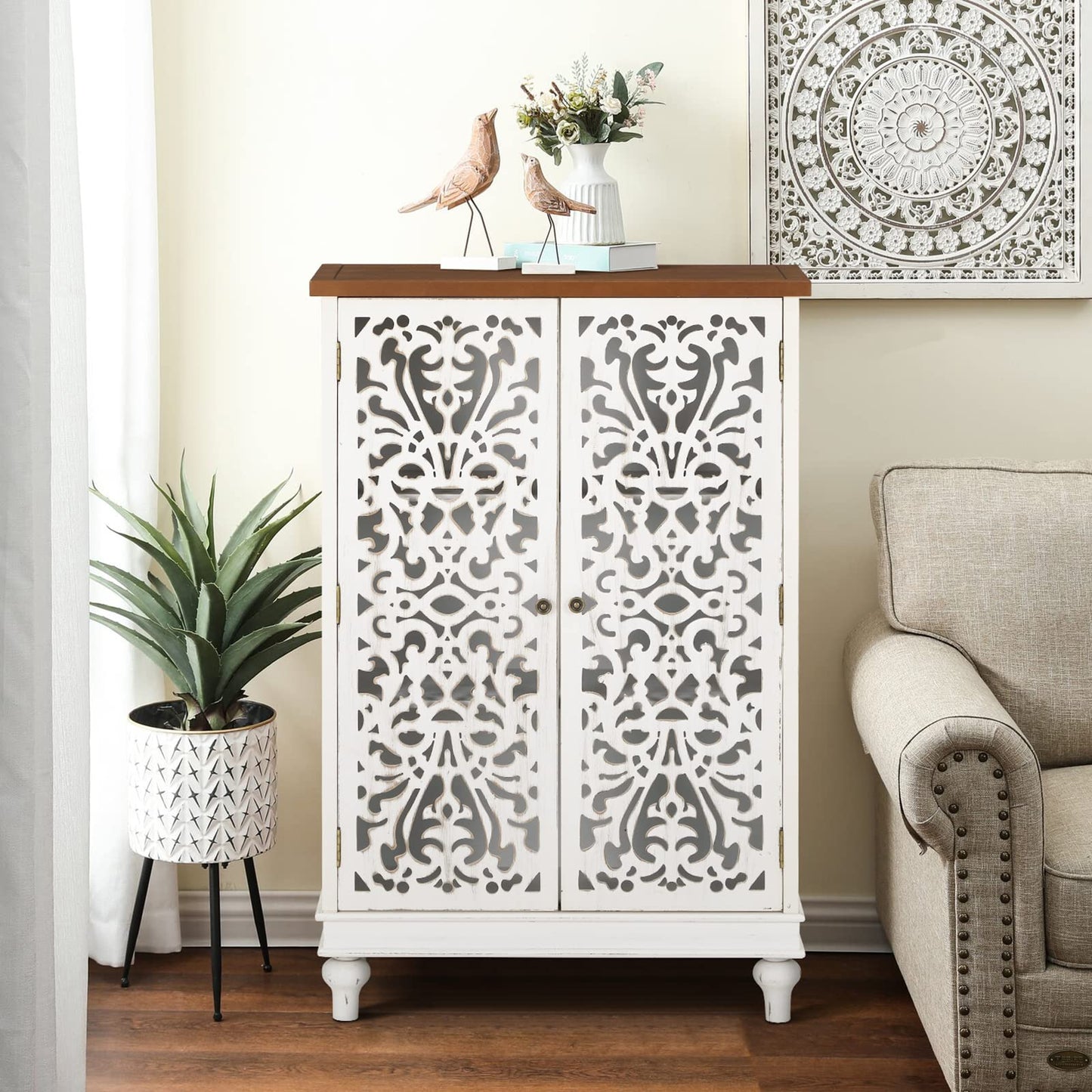 Sophia & William Tall Storage Cabinet 47.4", Decorative 2-Door Tall Accent Cabinet, for Living Room, Dining Room, White
