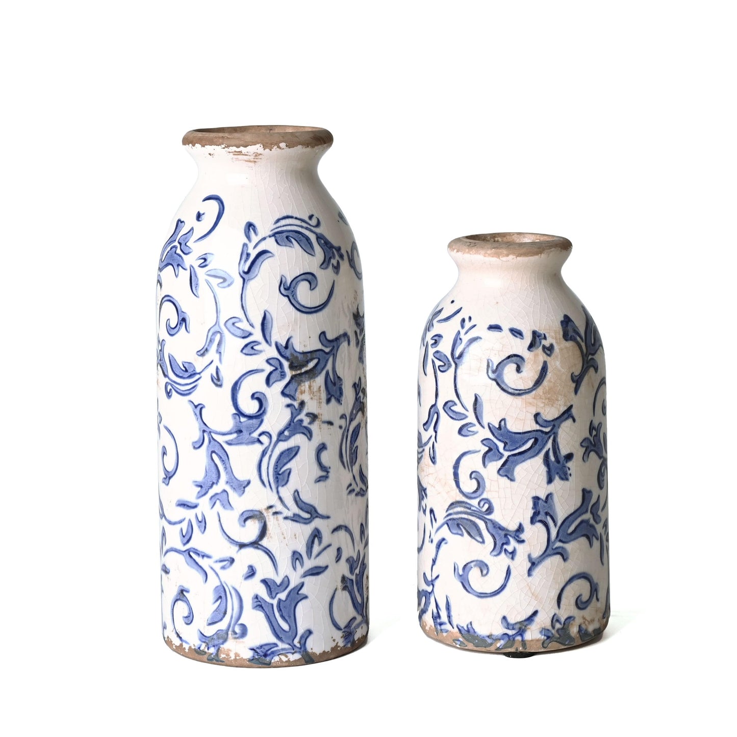 VICTOR & TERESA White Ceramic Vases Home Decor, Farmhouse Vase for Flowers, Flower Vase Set of 2, Rustic Decorative Vases for Pampas Grass, Table, Living Room, Shelf, Centerpieces, 8 inch
