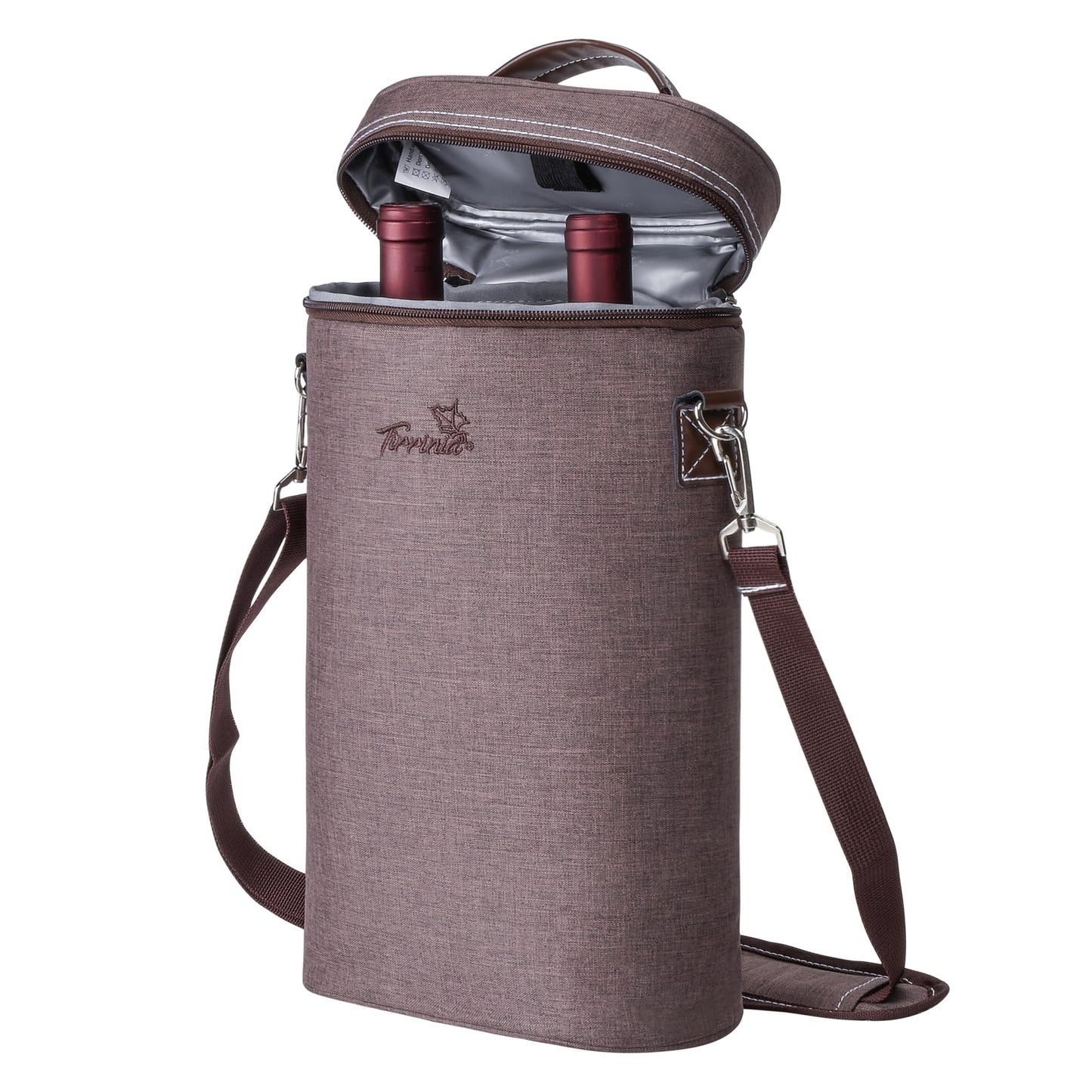 Tirrinia 2 Bottle Leakproof Insulated Wine Tote Carrier Bag - Padded Cooler for Travel, Restaurants, Tasting, Parties, Great Gift for Wine Lovers