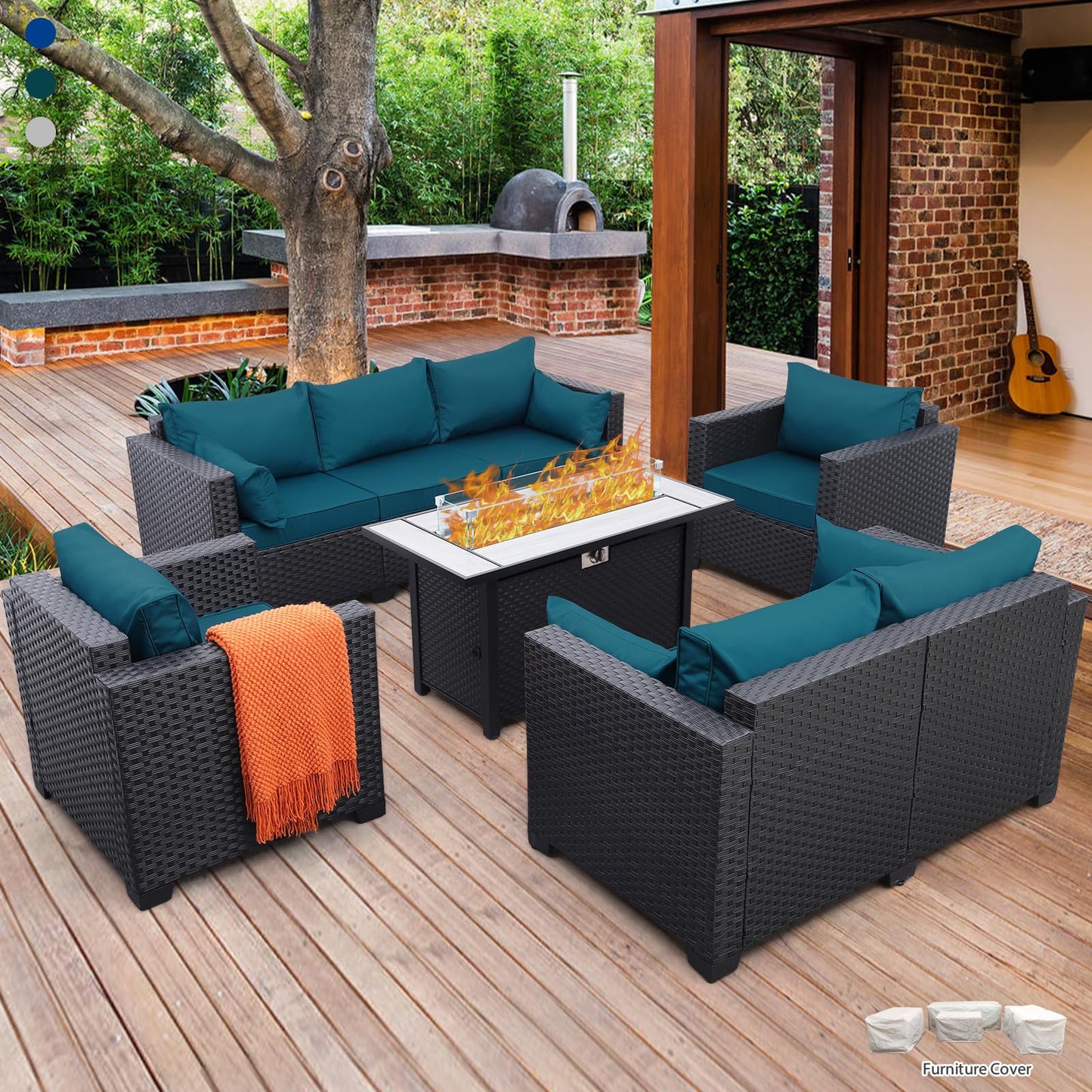 Rattaner 5 Pcs Outdoor Furniture Sets Patio Furniture Set with 45" Fire Pit Patio Couch Outdoor Chairs 60000 BTU Steel Propane Fire Pit Table No-Slip Cushions and Waterproof Covers, Light Grey
