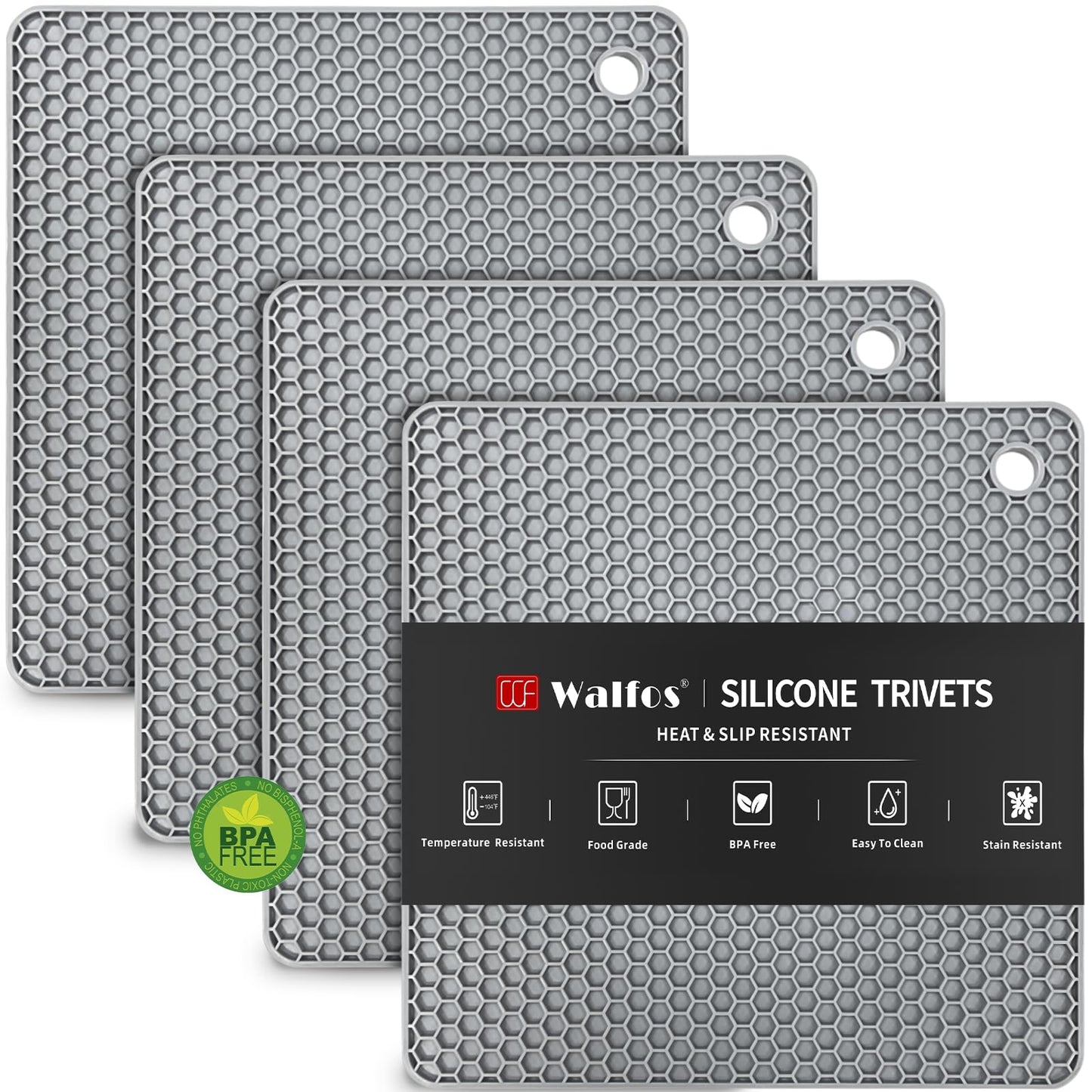 Walfos Silicone Trivet Mats - 4 Heat Resistant Pot Holders, Multipurpose Non-Slip Hot Pads for Kitchen Potholders, Hot Dishers, Jar Opener, Spoon Holder, Food Grade Silicone & BPA Free (Black)