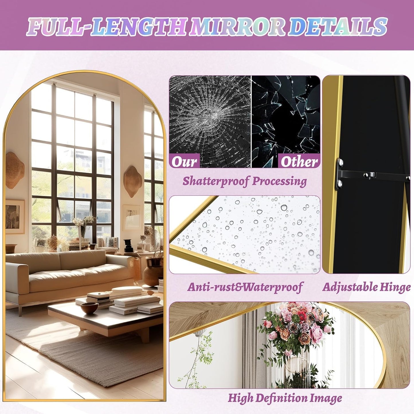 Full Length Mirror, 76"x34" Arched Floor Mirror Freestanding, Floor Standing Full Body Mirror with Stand for Bedroom, Hanging Mounted for Living Room Cloakroom, Black