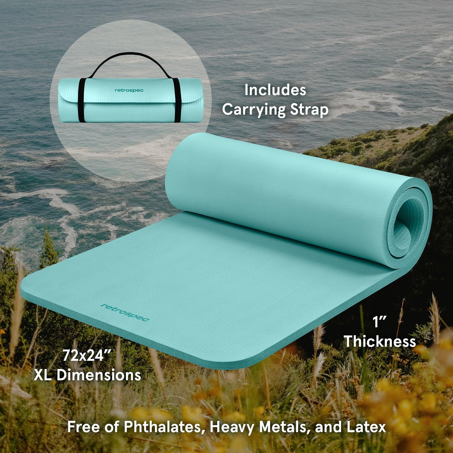 Retrospec Solana Yoga Mat 1" Thick With Nylon Carry Strap for Men & Women - Non Slip Exercise Mat for Home Yoga, Pilates, Stretching, Floor & Fitness Workouts