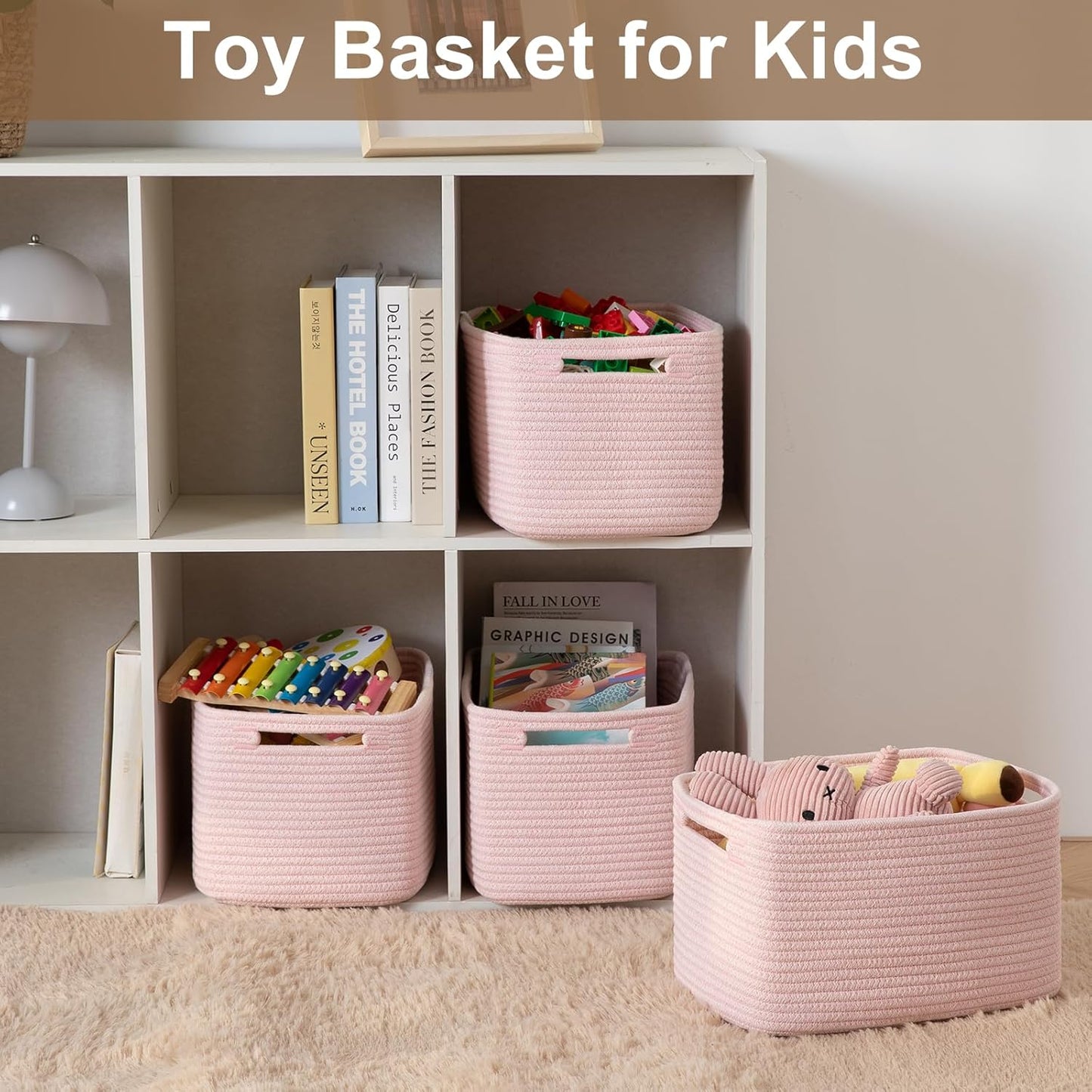 Storage Baskets for Organizing, Woven Decorative Baskets for Shelves - Books, Towels, and Clothes, Cotton Rope Toy Storage Bins, 12.7''Lx9''Wx7.8''H, Pack of 4, Brown