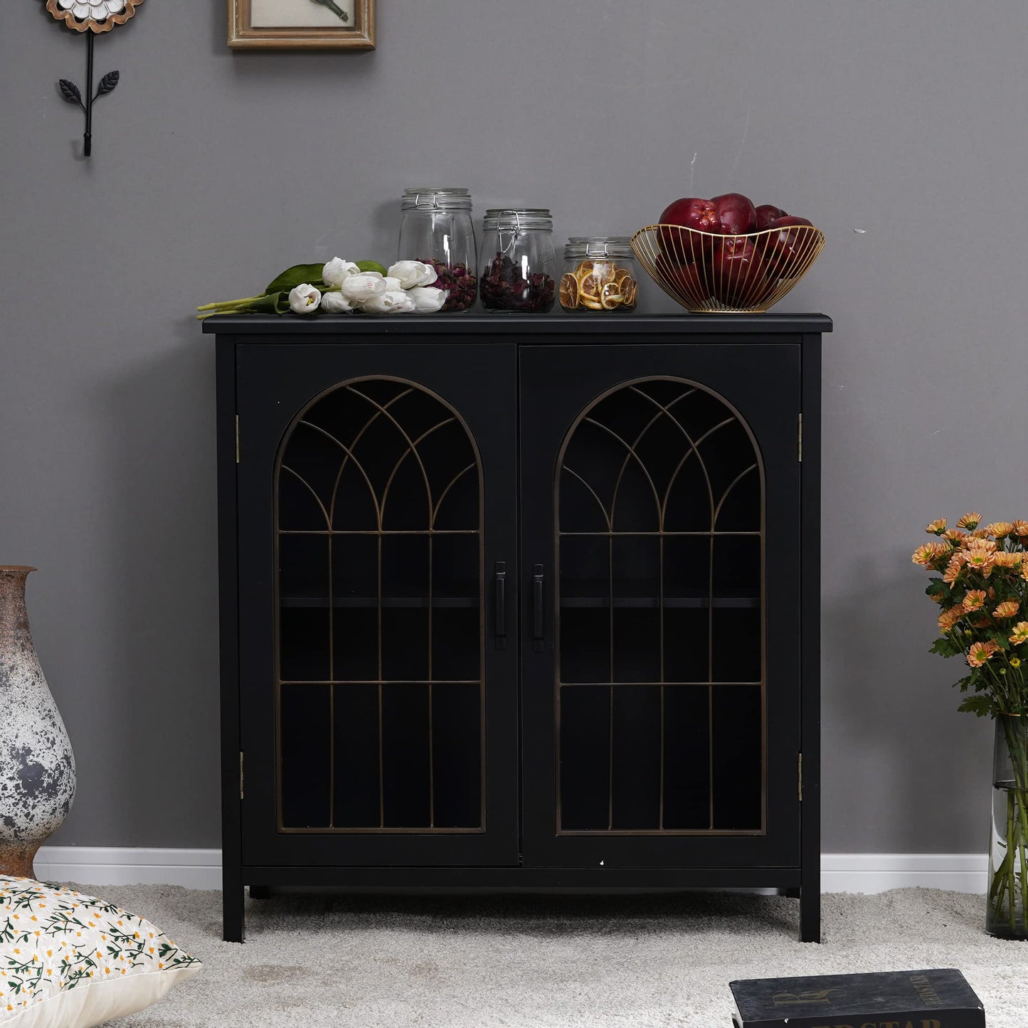 MFSTUDIO Accent Storage Cabinet with 2 Doors, Distressed Storage Cabinet Buffet Sideboard Display Cabinet with Metal Church Window Door for Entryway Living Room Kitchen, Black