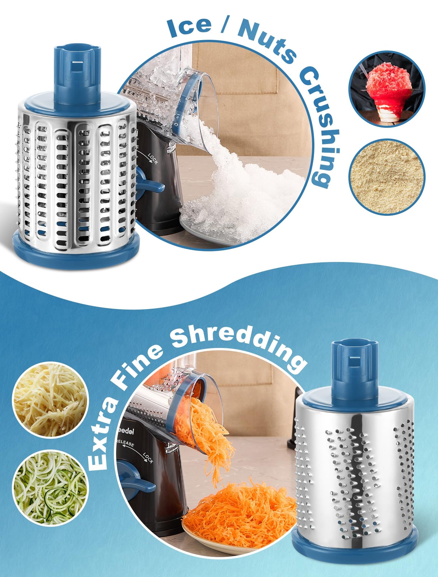 Geedel Rotary Cheese Grater Cheese Shredder - Upgraded 5-in-1 Cheese Grater with Handle and Strong Suction Base, Multi-purpose Vegetable Slicer Ice Shaver Nuts Grinder for Ice, Vegetables, Fruit, Nuts
