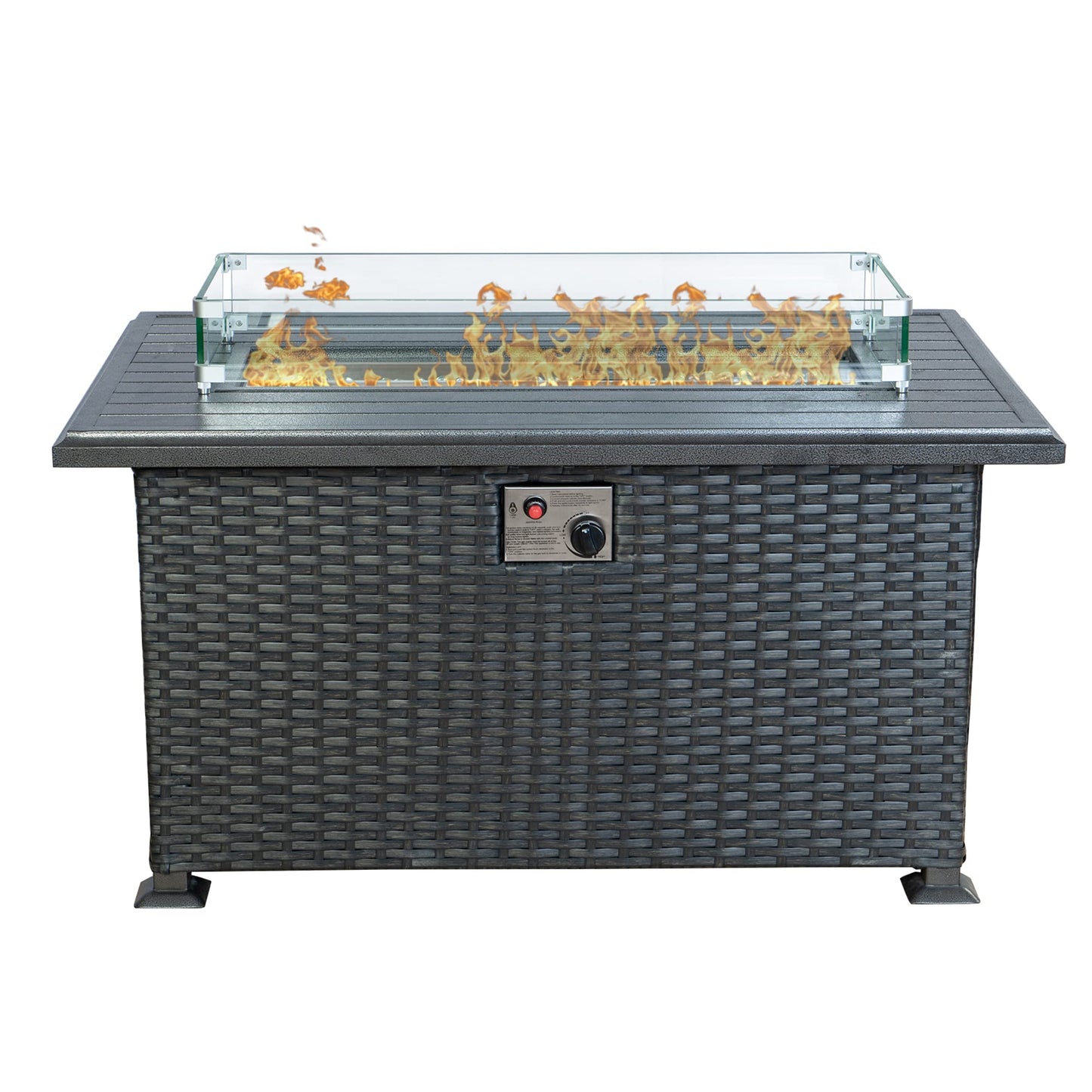 Kozyard Outdoor Patio Propane Gas Fire Pit Table - 50,000 BTU Wicker Design with Aluminum Tabletop, Glass Wind Guard, Clear Glass Rocks Slide Out Tank Holder - Ideal Patio Fire Table (Brown)