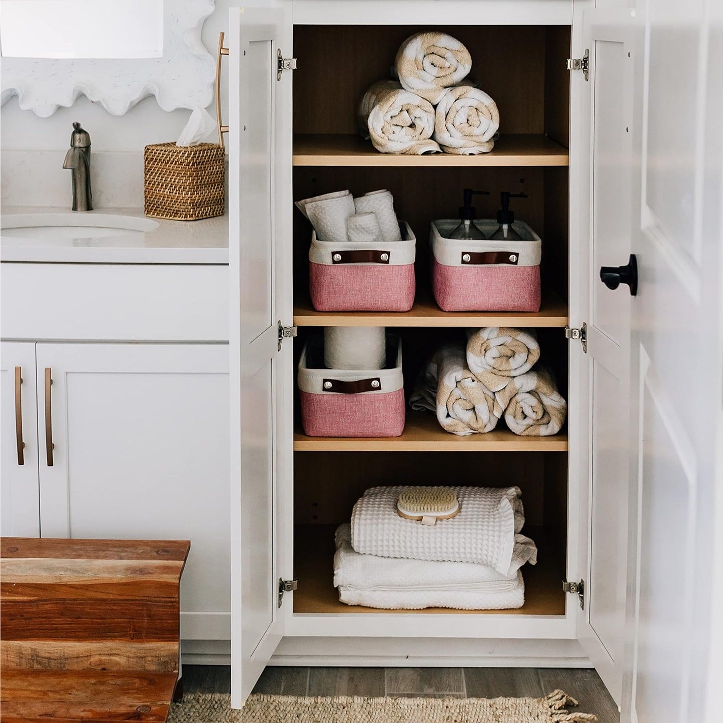 OrganiHaus Small Fabric Storage Baskets for Shelves 3 Pack, 12x8in Closet Storage Bins for Shelves, Cloth Baskets for Organizing, Linen Closet Organizers, Fabric Basket, Beige/White
