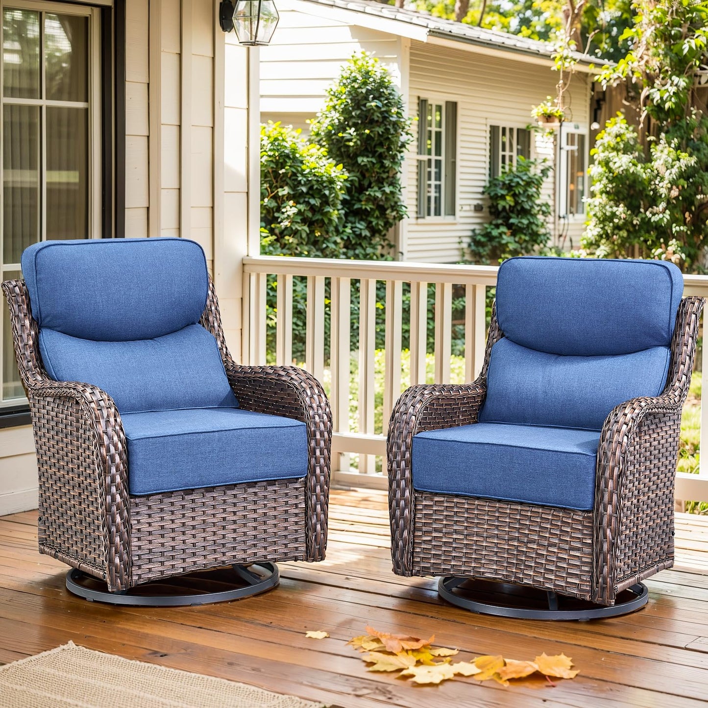 Luxury Outdoor Swivel Rocker Patio Chairs, High Back Swivel Patio Chairs with Side Table & 6-Inch Thick Cushions, Wicker Outdoor Bistro Set for Porch, Yard, Deck, Poolside, Brown/Beige