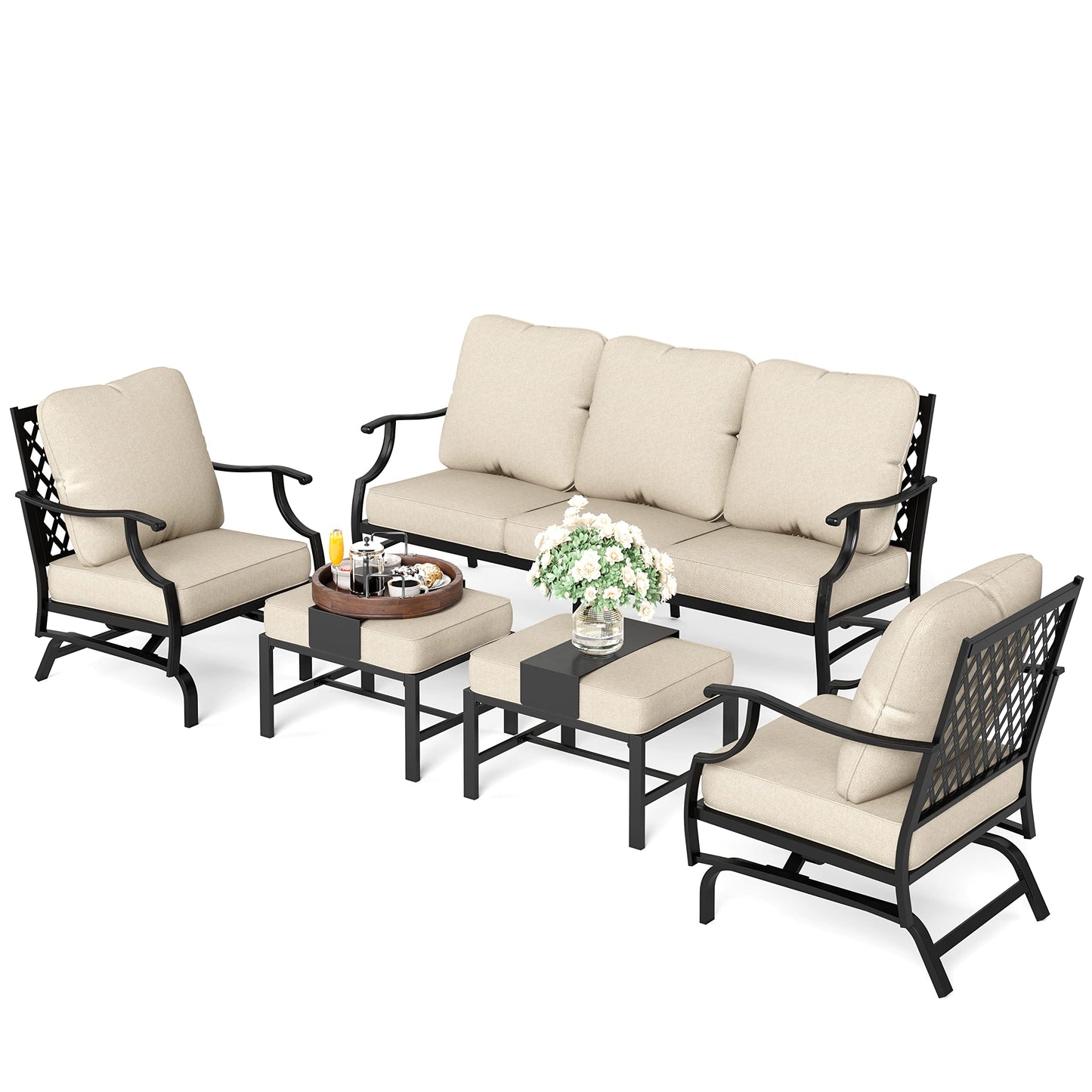 HERA'S HOUSE 7 Piece Patio Furniture Set, 2 x Rocking Chair, 2 x Fixed Chair, 2 x Ottoman, 1 x 3-Seat Sofa, All Cushioned 9 Seats Outdoor Conversation Set for Lawn Garden Backyard