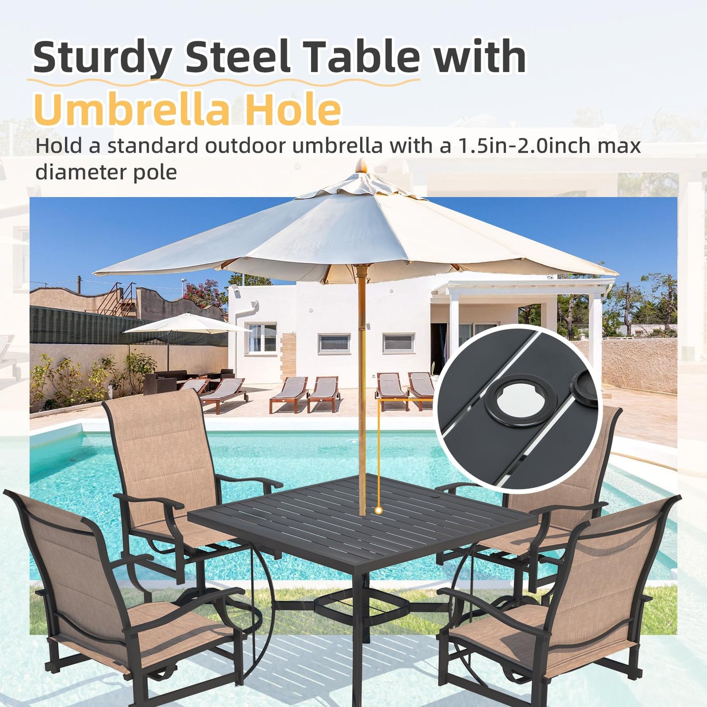 9-Piece Outdoor Patio Dining Set with 8 Swivel Rocker Chairs, Rectangular Metal Table with Umbrella Hole, 8-Person Patio Table and Chairs for Backyard, Poolside, Balcony and Garden Grey