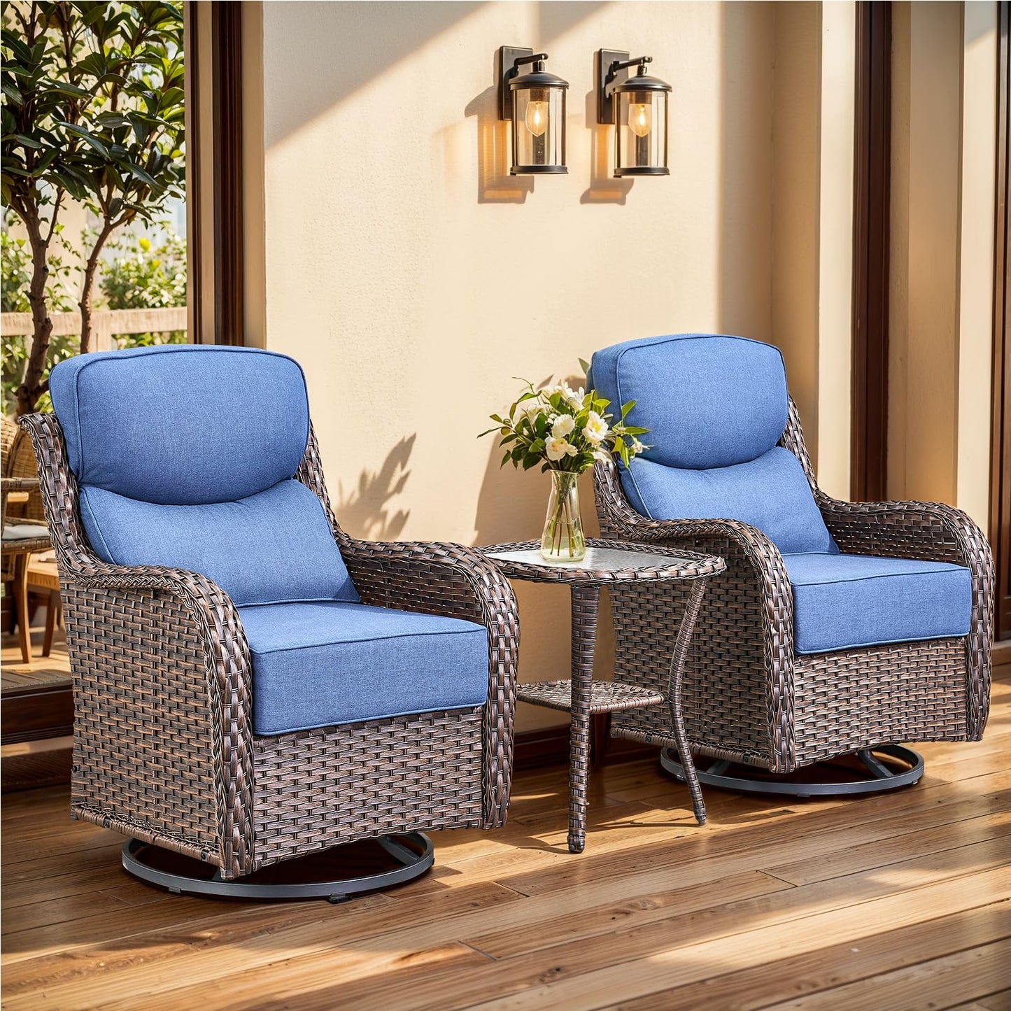 Luxury Outdoor Swivel Rocker Patio Chairs, High Back Swivel Patio Chairs with Side Table & 6-Inch Thick Cushions, Wicker Outdoor Bistro Set for Porch, Yard, Deck, Poolside, Brown/Beige
