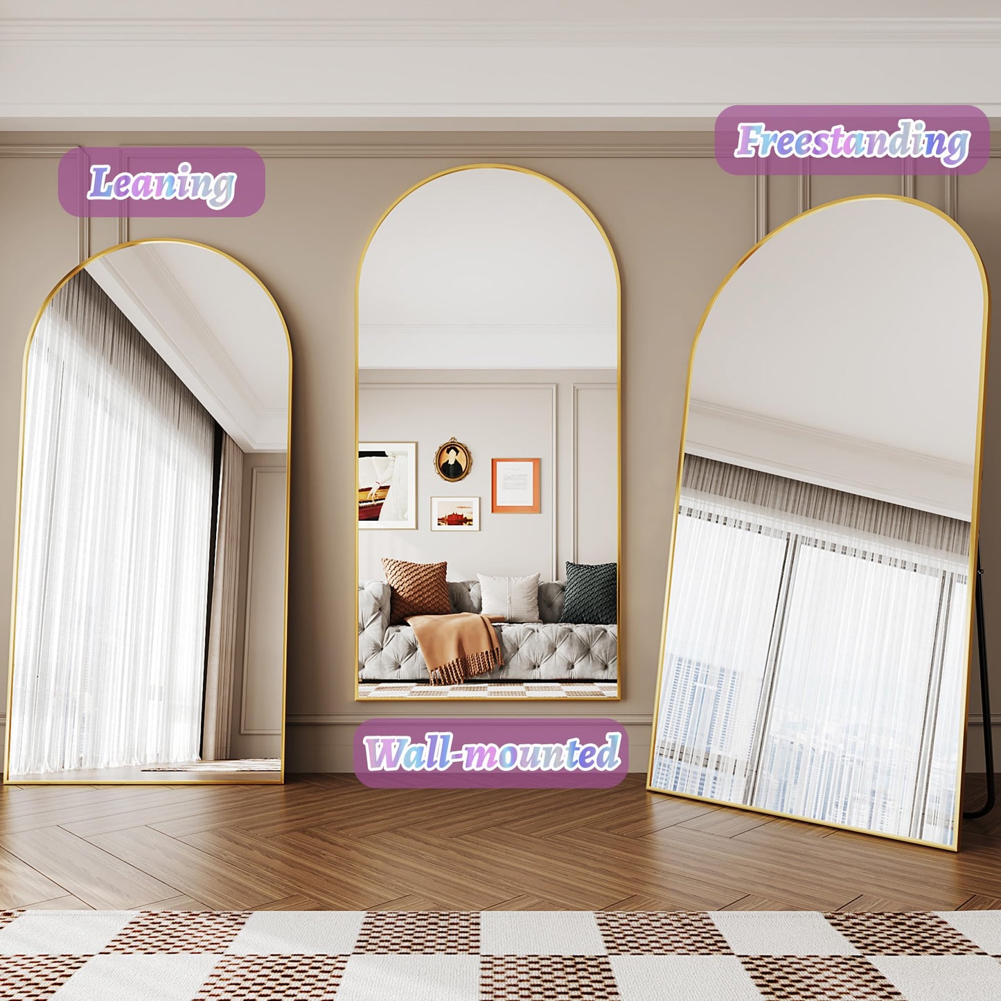 Full Length Mirror, 76"x34" Arched Floor Mirror Freestanding, Floor Standing Full Body Mirror with Stand for Bedroom, Hanging Mounted for Living Room Cloakroom, Black