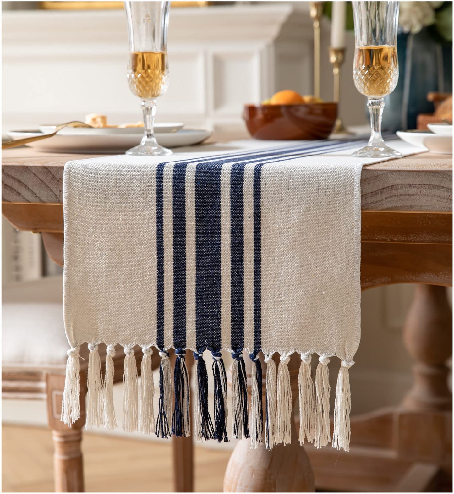 Caflife Boho Table Runner for Modern Farmhouse Decor, Dining Table décor 13 x 72 Inch Long, Coffee Table Runner with Handcrafted Tassels, Green and Beige Stripe Table Runner for Home Boho décor