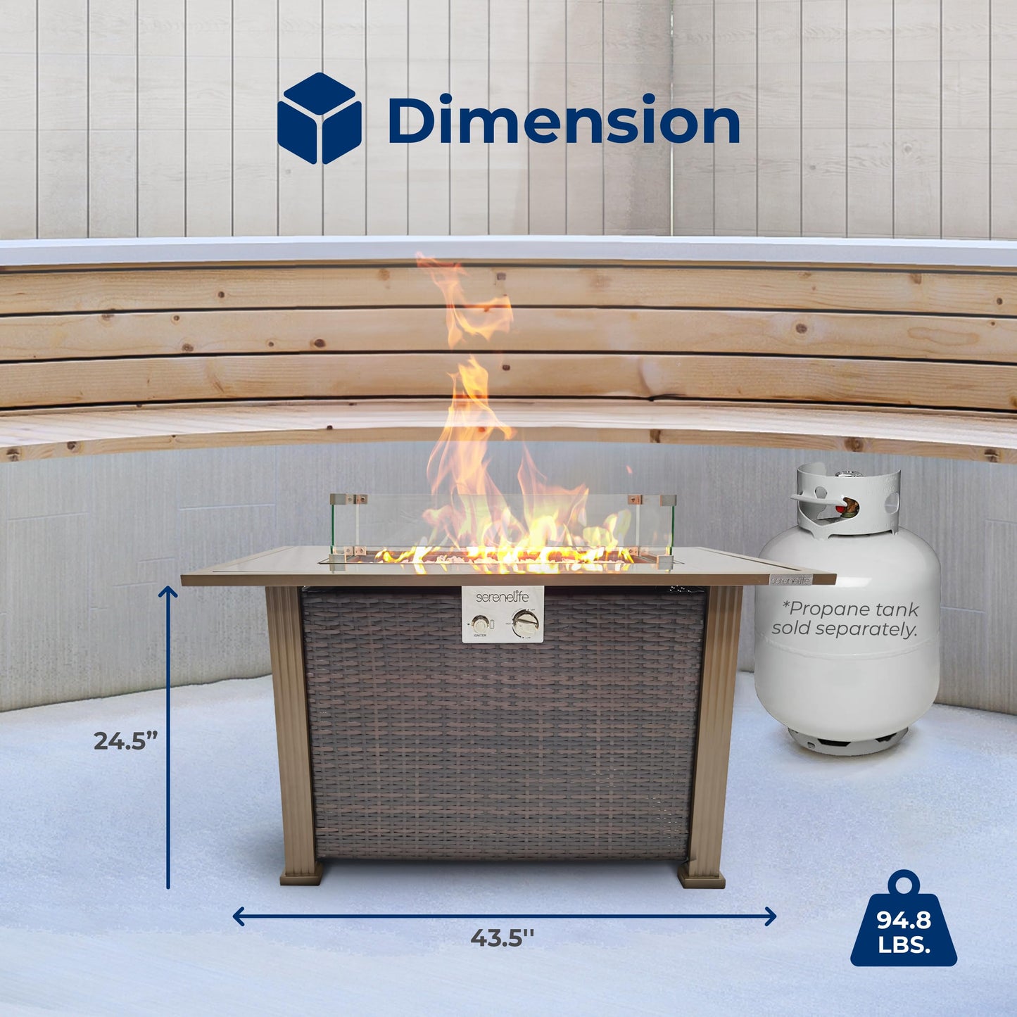 SereneLife Outdoor Propane Gas Fire Pit Table – 50,000 BTU Auto-Ignition Firepit with Glass Wind Guard, Black Tempered Glass Top & Clear Glass Rocks for Garden, Patio, or Backyard