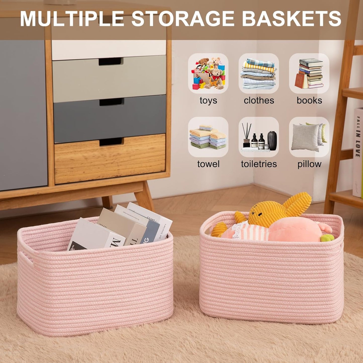 Storage Baskets for Organizing, Woven Decorative Baskets for Shelves - Books, Towels, and Clothes, Cotton Rope Toy Storage Bins, 12.7''Lx9''Wx7.8''H, Pack of 4, Brown