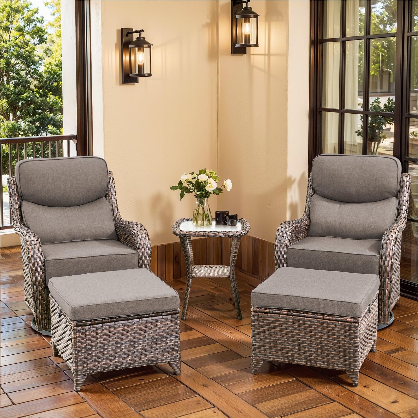 Luxury Outdoor Swivel Rocker Patio Chairs, High Back Swivel Patio Chairs with Side Table & 6-Inch Thick Cushions, Wicker Outdoor Bistro Set for Porch, Yard, Deck, Poolside, Brown/Beige