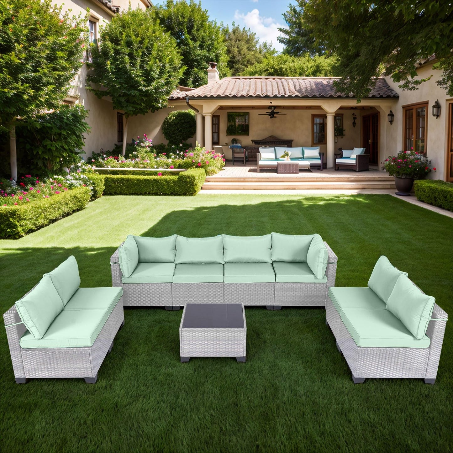 LEVELEVE 7 Pieces Outdoor Patio Furniture Sets,Rattan Conversation Sectional Set,Manual Weaving Wicker Patio Sofa with Tea Table