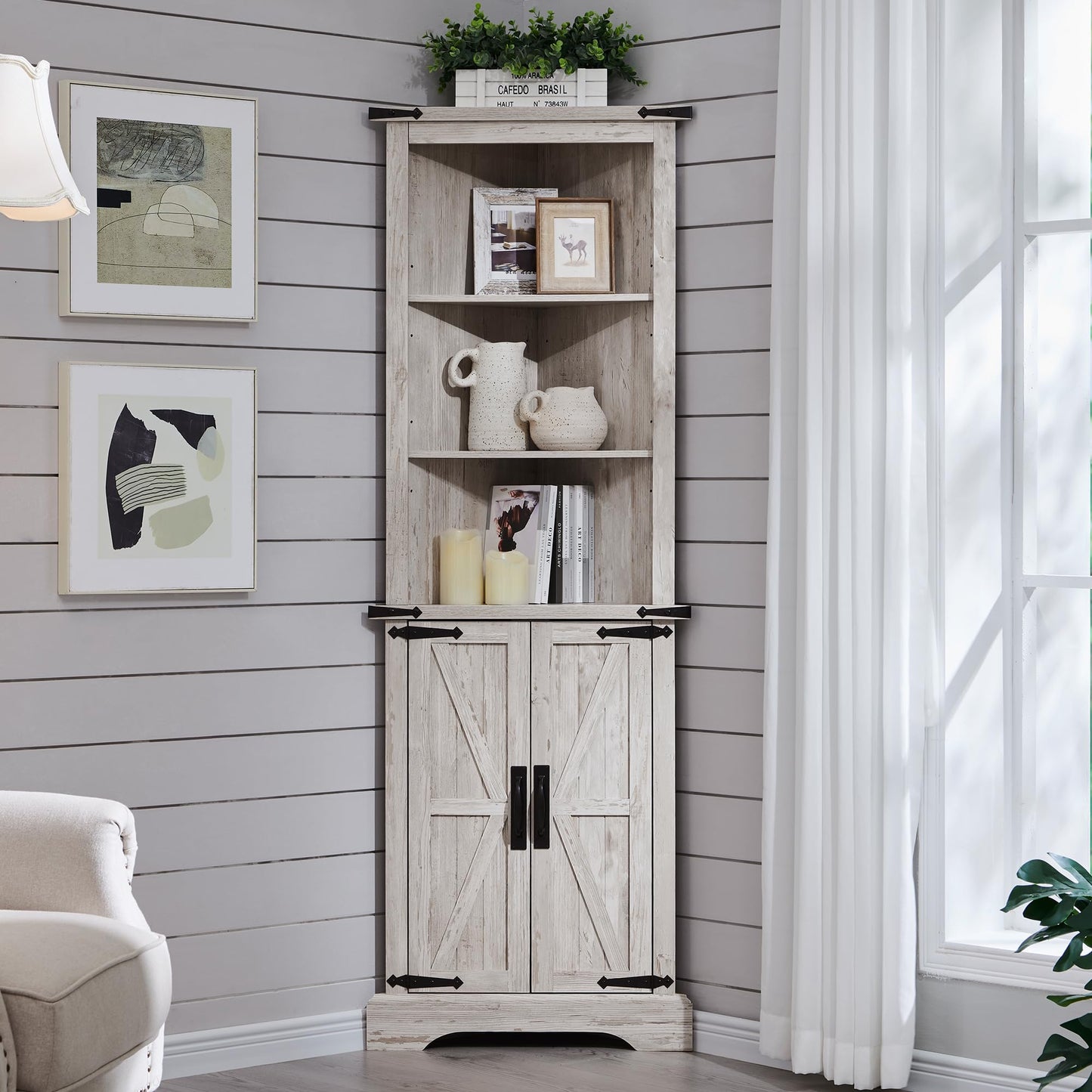 OKD Tall Corner Cabinet, Farmhouse Storage Cabinet with Barn Door Design & Adjustable Shelves, Home Space Saver for Bathroom, Living Room, Rustic Oak with Antique White