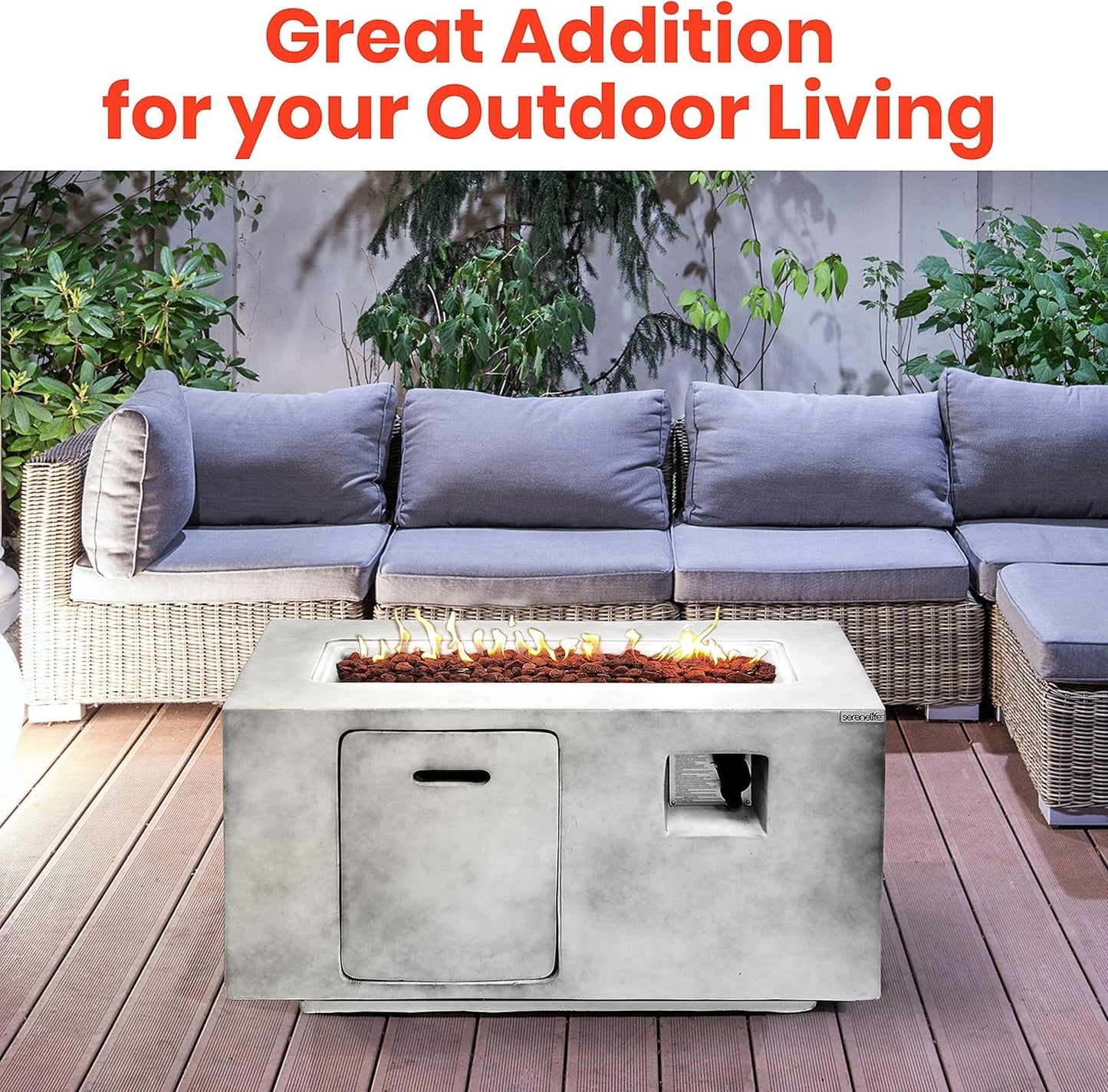 SereneLife Outdoor Propane Gas Fire Pit Table – 50,000 BTU Auto-Ignition Firepit with Glass Wind Guard, Black Tempered Glass Top & Clear Glass Rocks for Garden, Patio, or Backyard