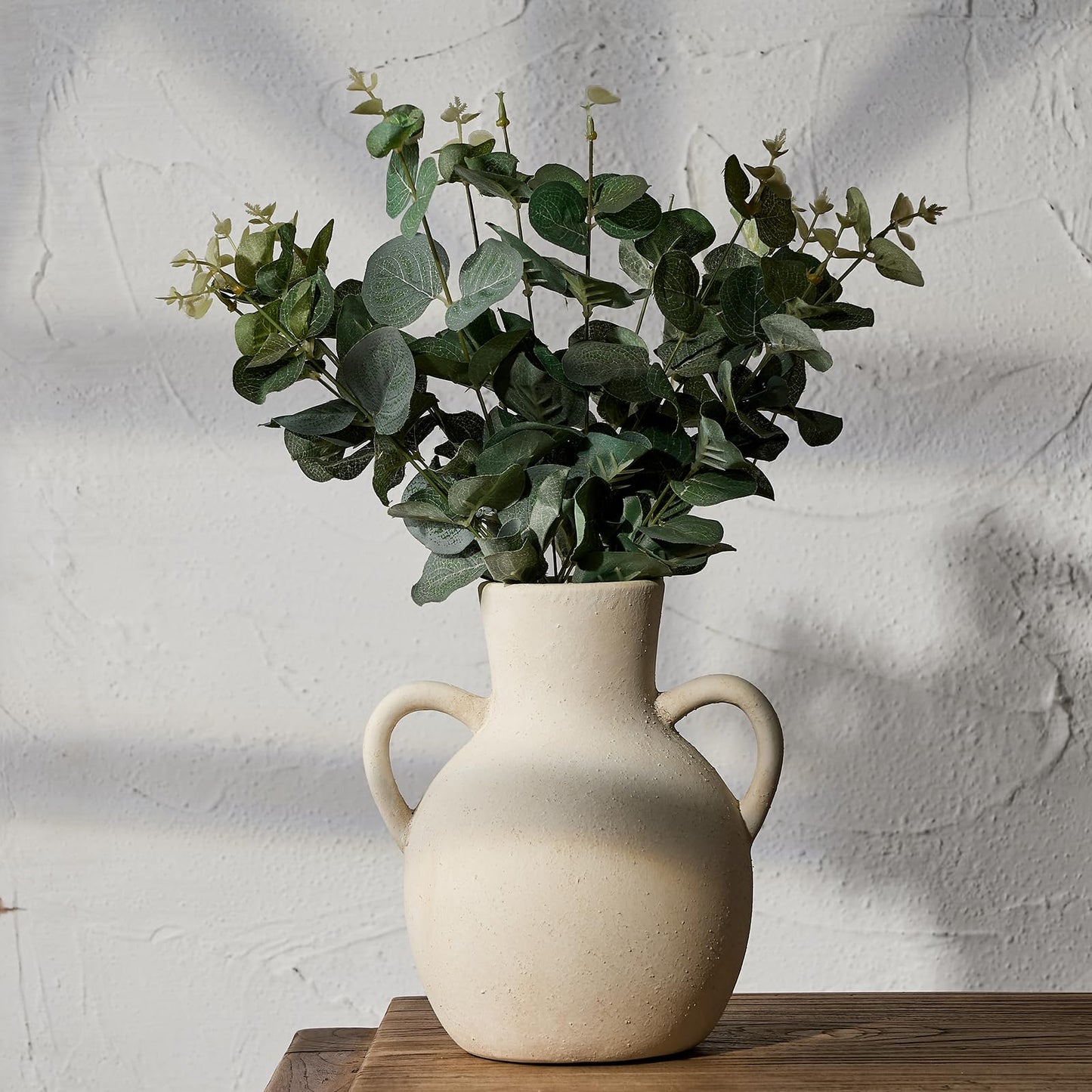 SIDUCAL Rustic Ceramic Farmhouse Flower Vase with 2 Handles, Whitewashed Terra Cotta Vase, Decorative Pottery Flower for Home Decor, Table, Living Room, Shelf Decor, 7.3 Inch, Terra