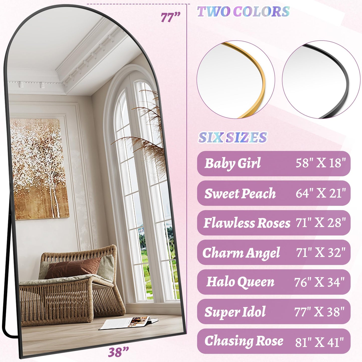 Full Length Mirror, 76"x34" Arched Floor Mirror Freestanding, Floor Standing Full Body Mirror with Stand for Bedroom, Hanging Mounted for Living Room Cloakroom, Black