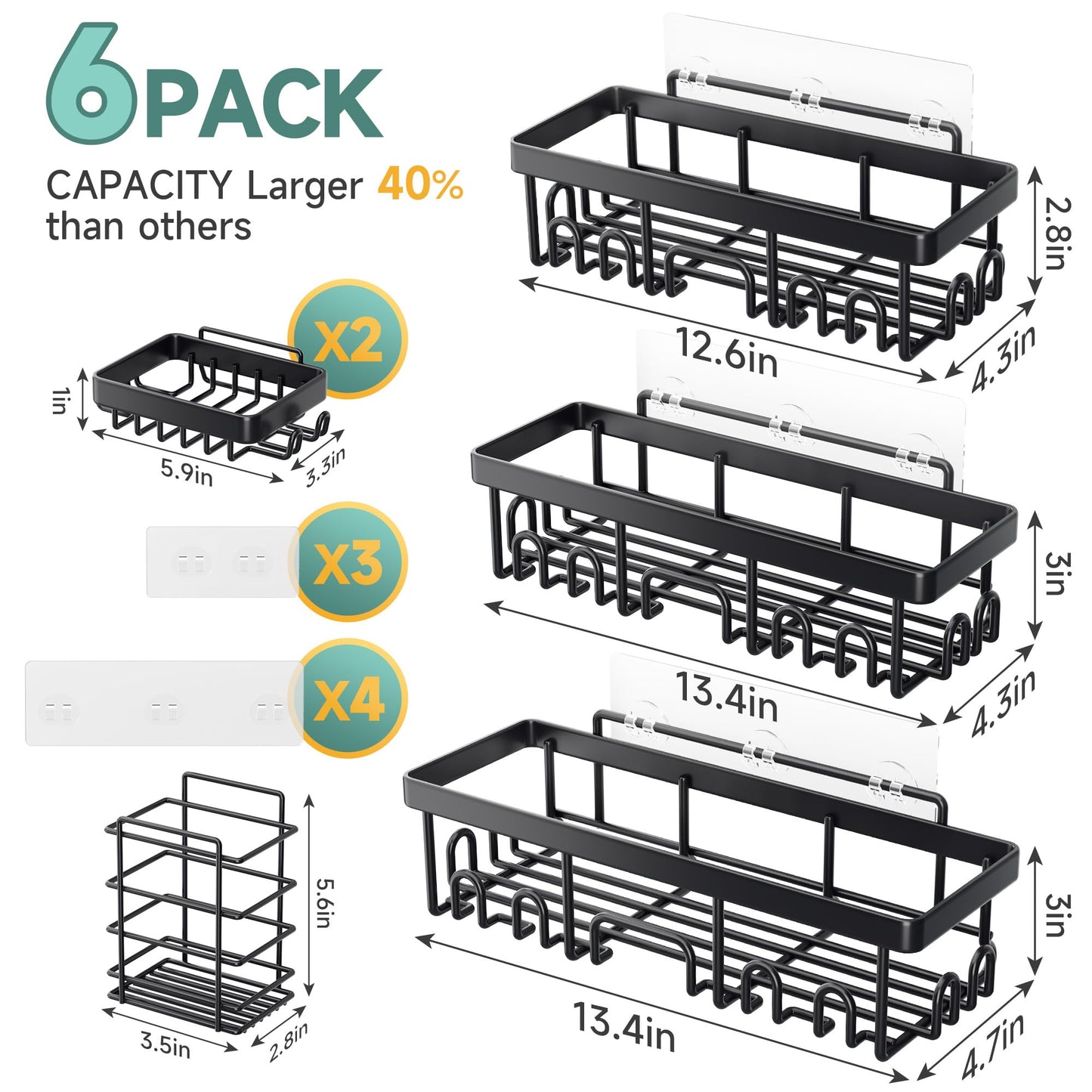 Veken Stainless Steel Shower Caddy 6-Pack, No Drilling & Rustproof, Waterproof Adhesive Shelves Rack with Soap Holder, Large Capacity Bathroom Organizers and Storage, Wall-Mounted Kitchen & Home Decor