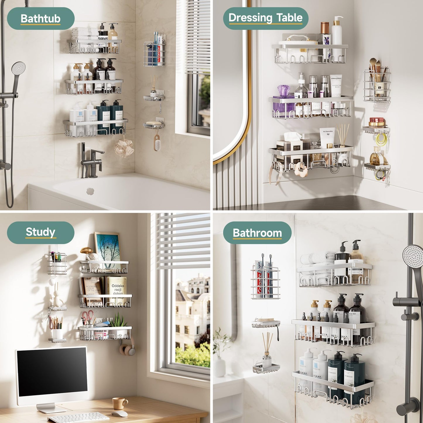 Veken Stainless Steel Shower Caddy 6-Pack, No Drilling & Rustproof, Waterproof Adhesive Shelves Rack with Soap Holder, Large Capacity Bathroom Organizers and Storage, Wall-Mounted Kitchen & Home Decor